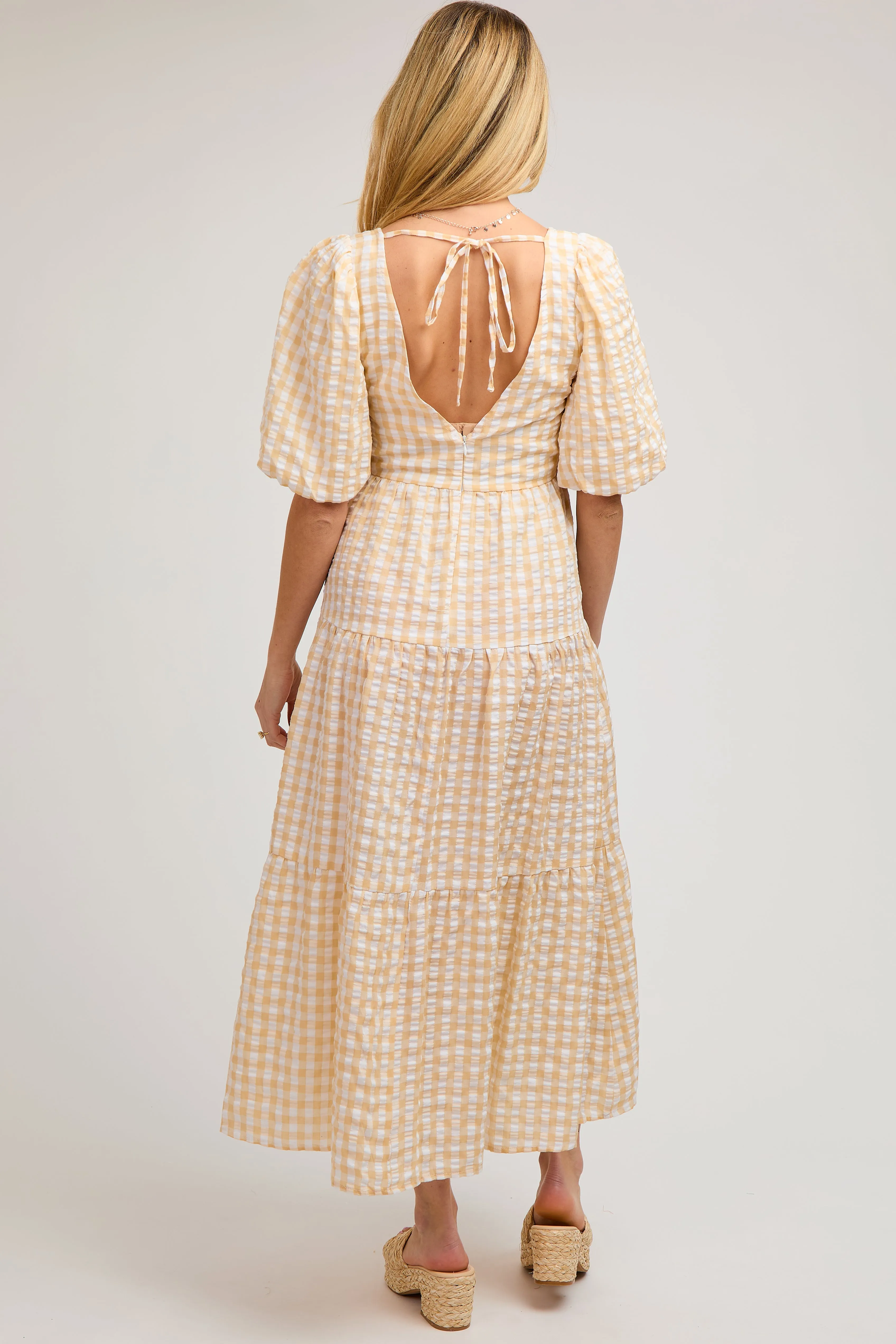 Yellow Gingham Puff Sleeve Maternity Tiered Midi Dress sold by Pinkblush product image thumbnail 3