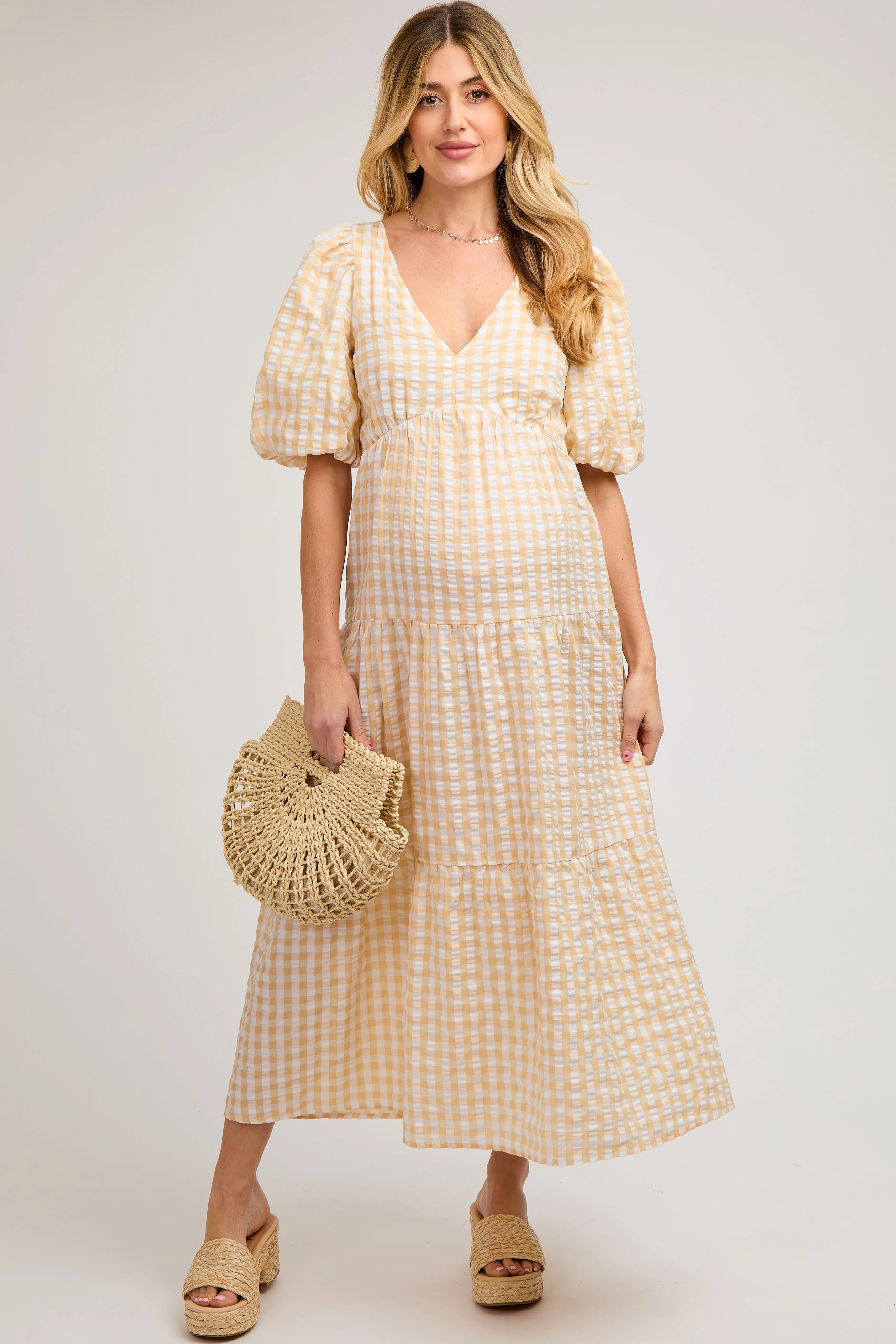Yellow Gingham Puff Sleeve Maternity Tiered Midi Dress sold by Pinkblush