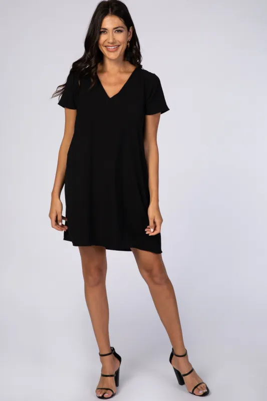 Black V-Neck Short Sleeve Dress sold by Pinkblush