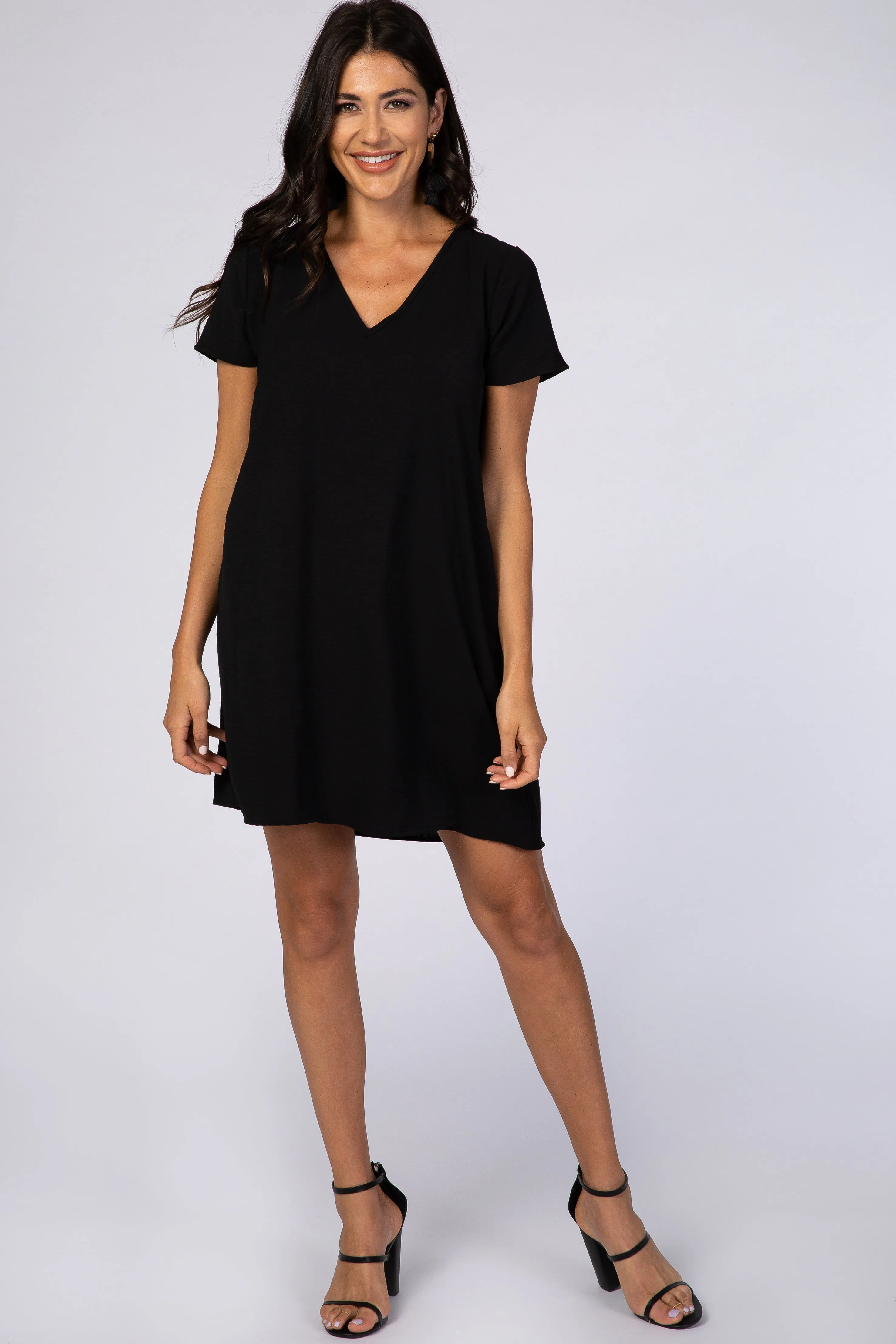 Black V-Neck Short Sleeve Dress sold by Pinkblush
