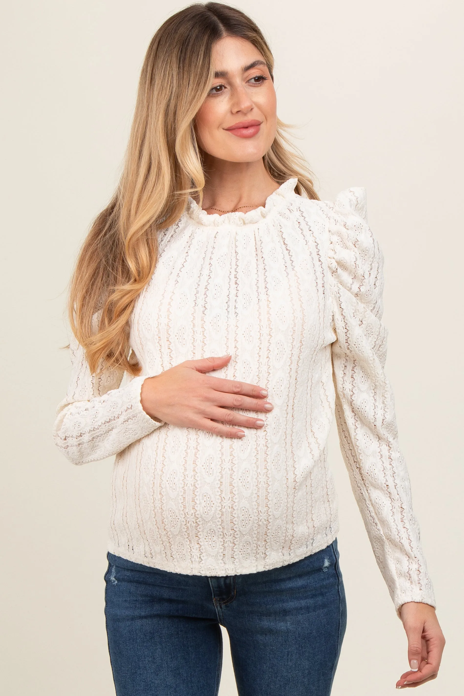 Cream Lace Ruffle Mock Neck Maternity Top sold by Pinkblush