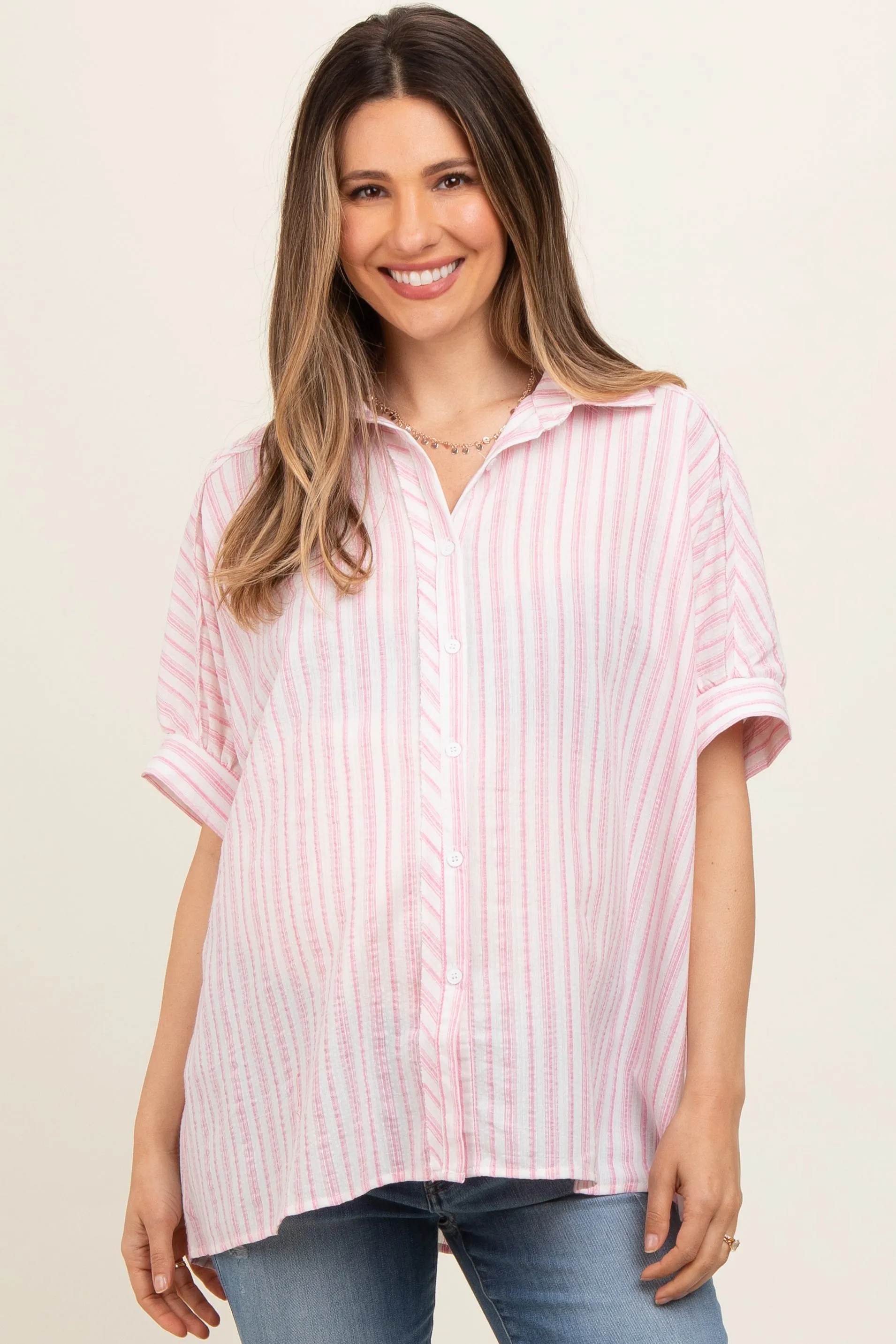 Pink Striped Button Up Collared Short Sleeve Maternity Top sold by Pinkblush