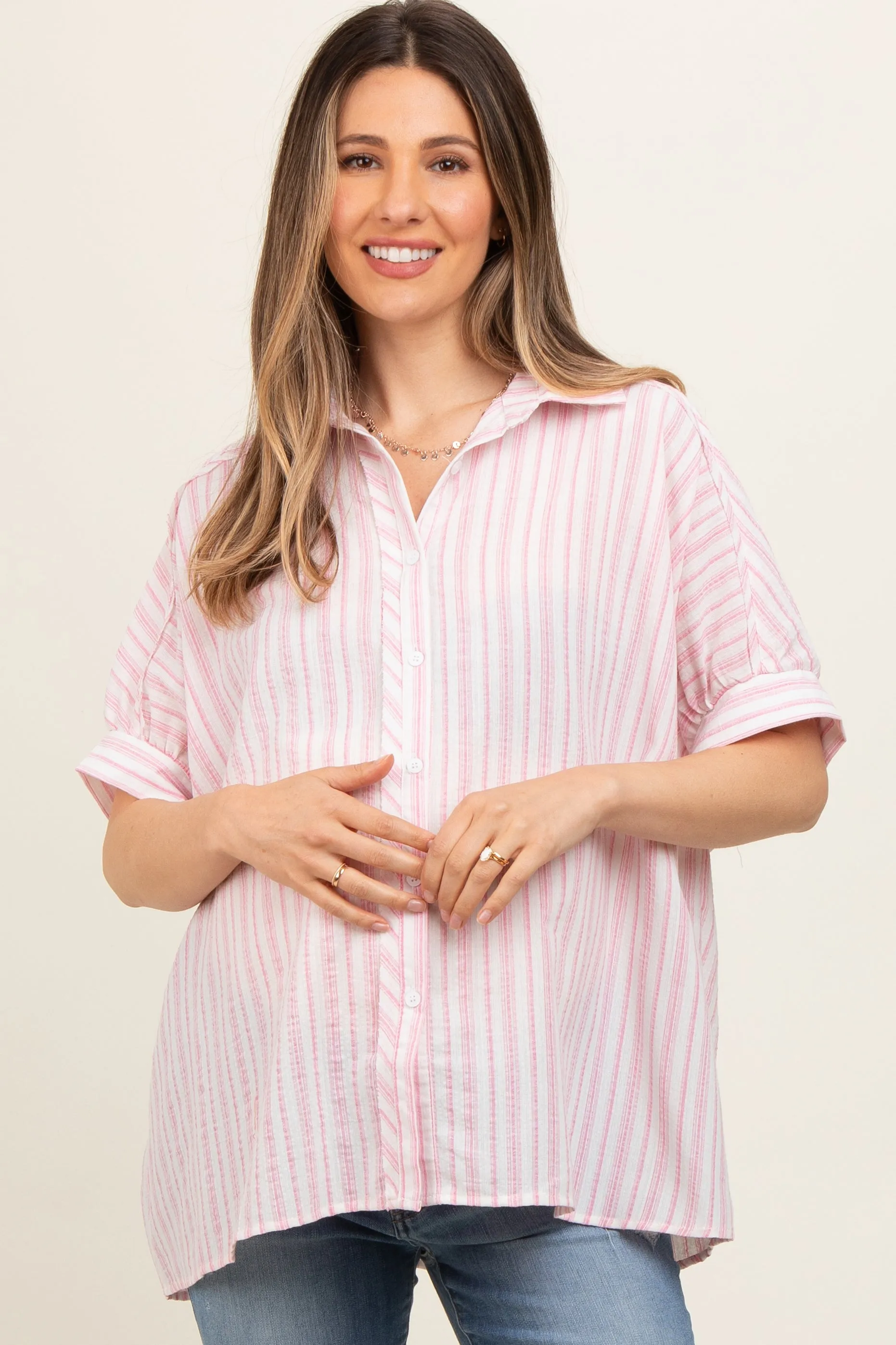 Pink Striped Button Up Collared Short Sleeve Maternity Top sold by Pinkblush product image thumbnail 2