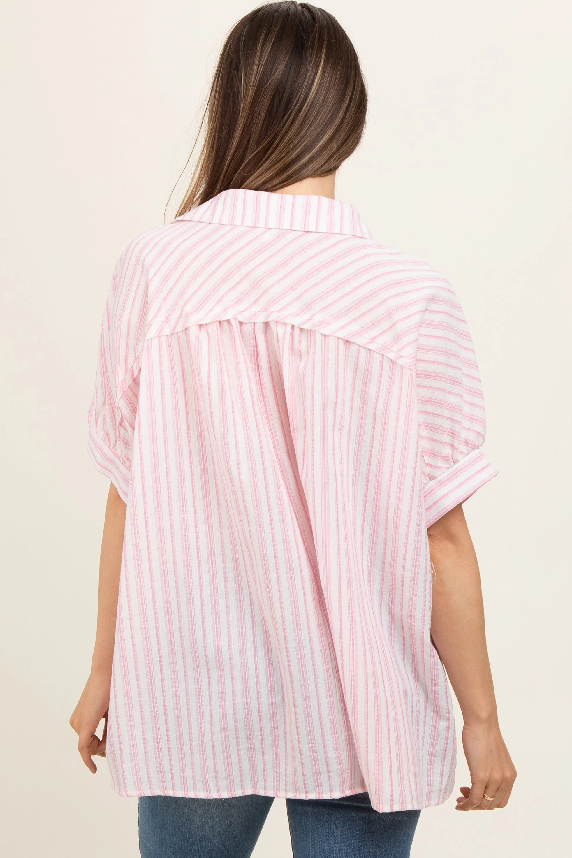 Pink Striped Button Up Collared Short Sleeve Maternity Top sold by Pinkblush product image thumbnail 3