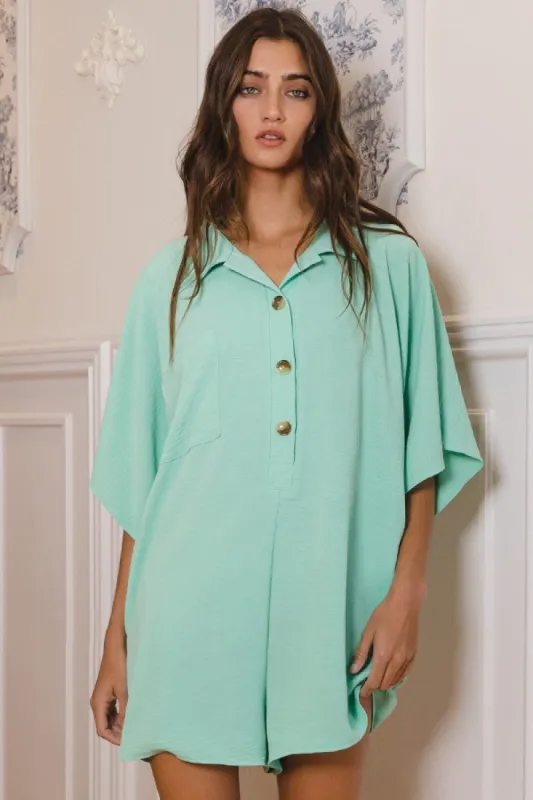 Mint Green Collared Front Button Romper sold by Pinkblush