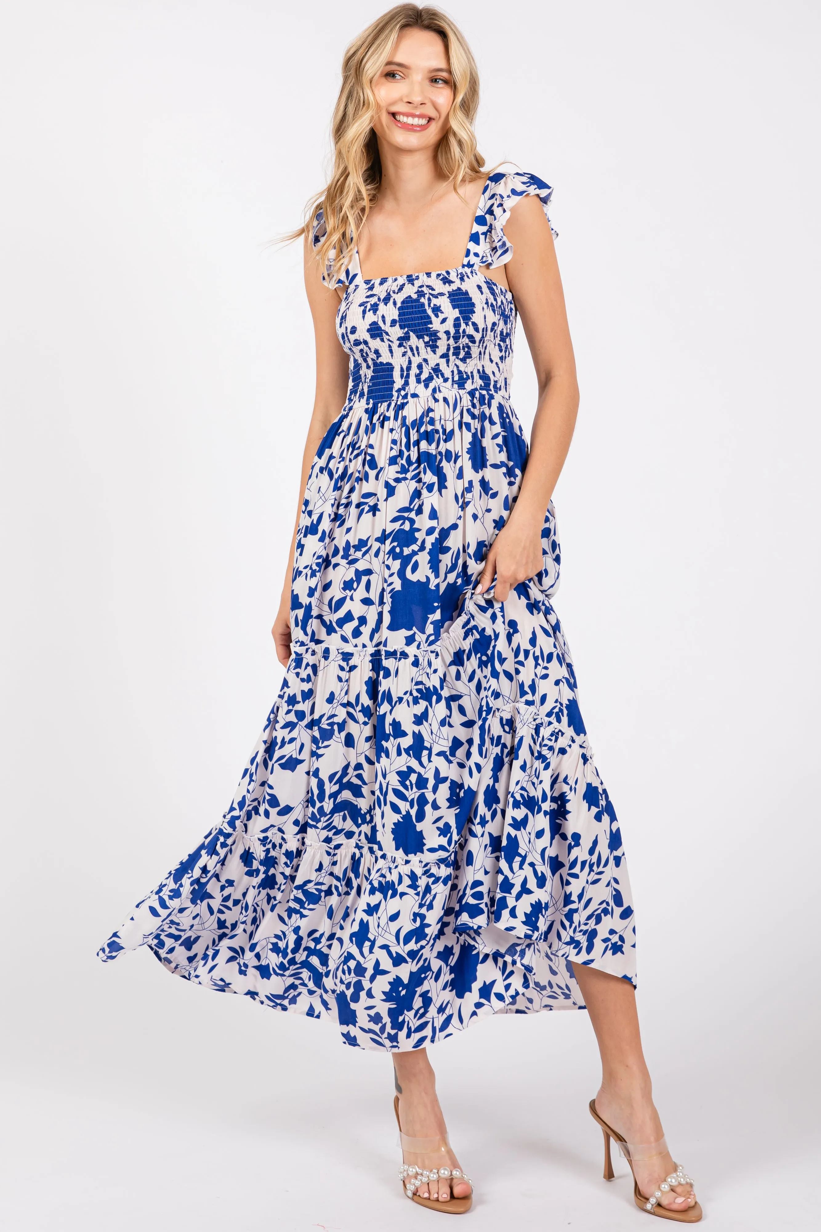 Royal Blue Ruffle Sleeve Tiered Maxi Dress sold by Pinkblush