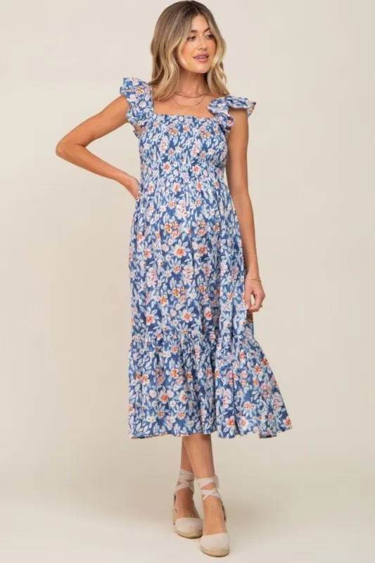 Blue Floral Smocked Frill Sleeve Maternity Midi Dress sold by Pinkblush