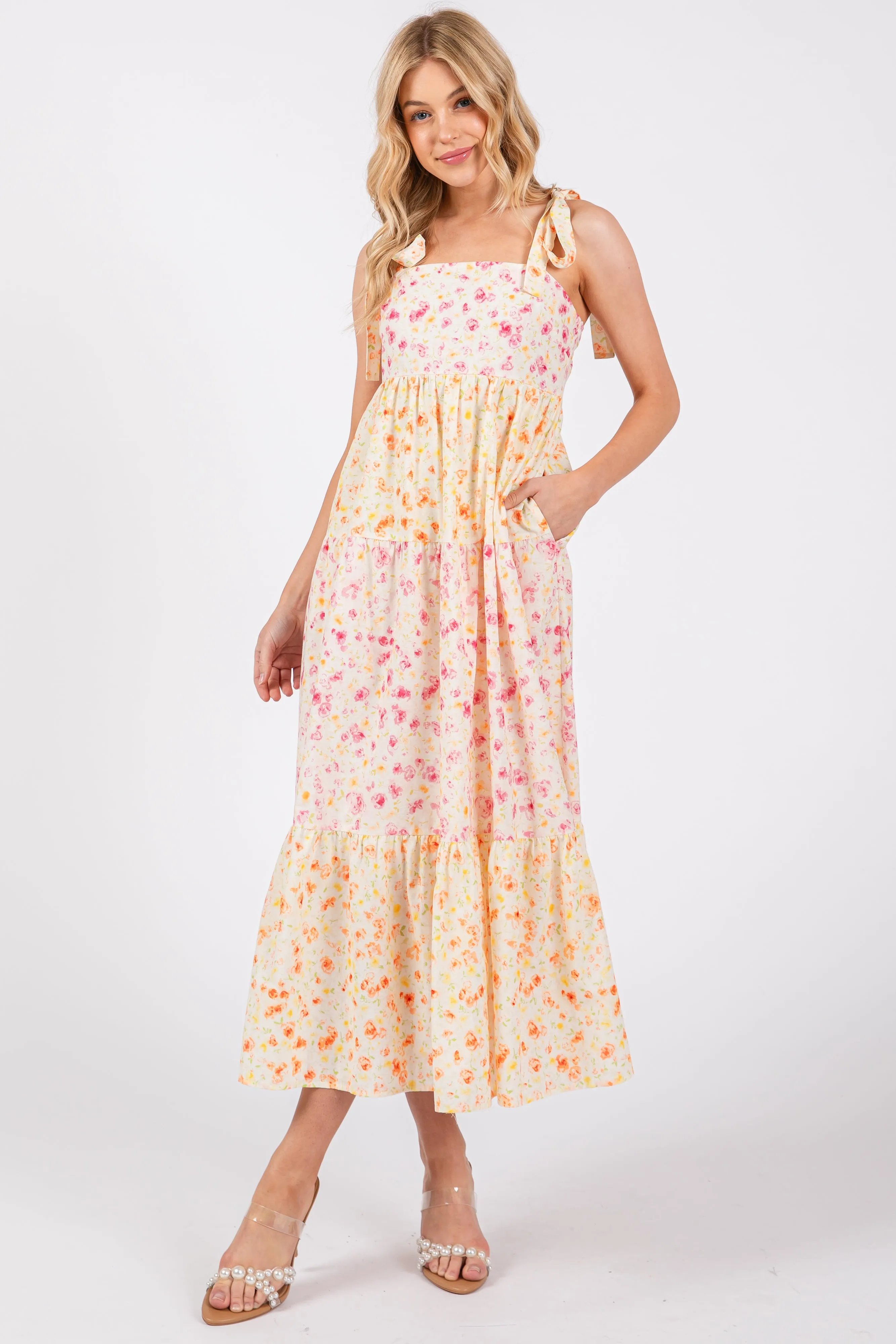 Multi-Color Floral Square Neck Shoulder Tie Tiered Midi Dress sold by Pinkblush product image thumbnail 4