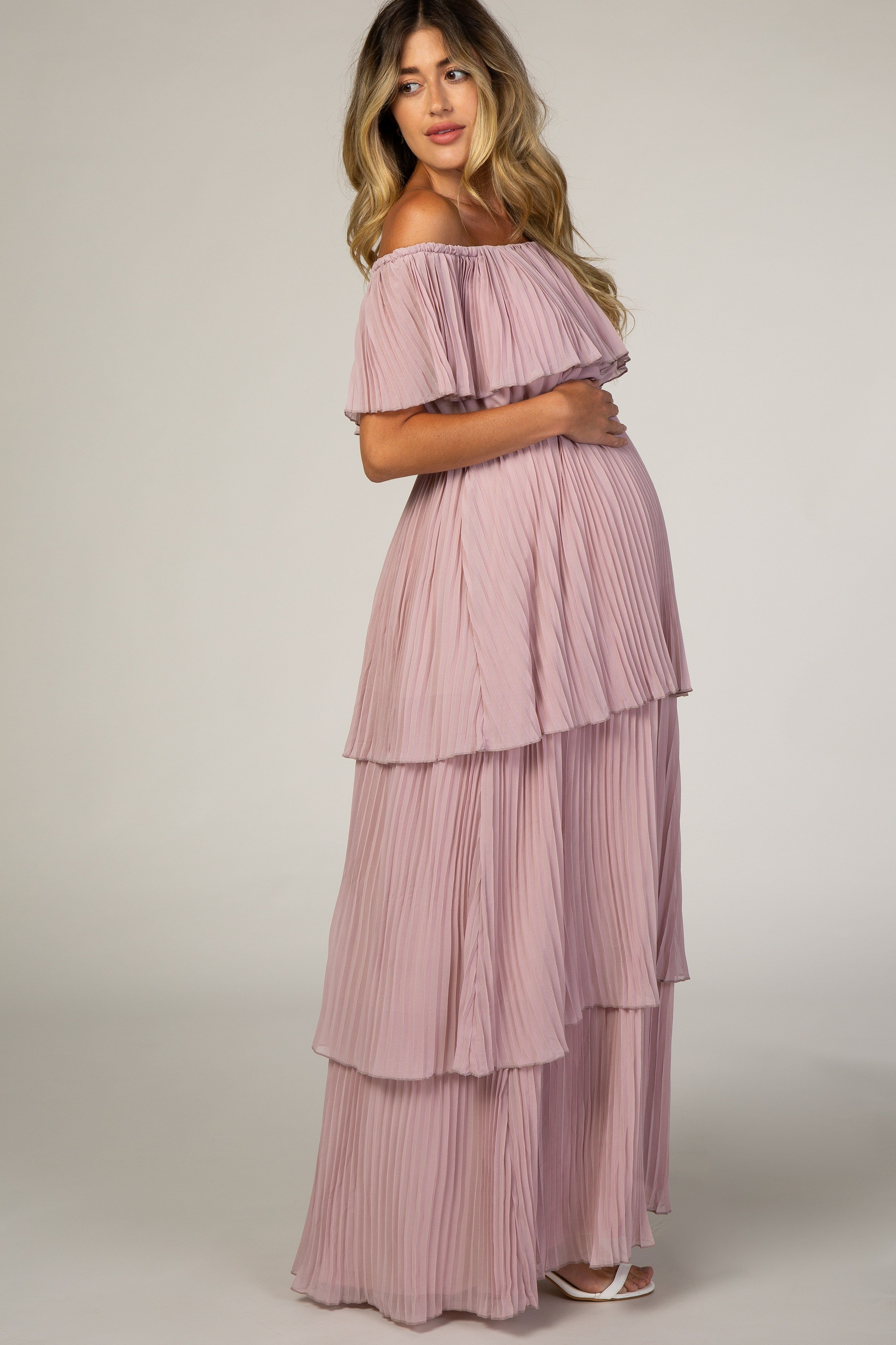 Mauve Pleated Ruffle Tiered Maternity Maxi Dress sold by Pinkblush product image thumbnail 4