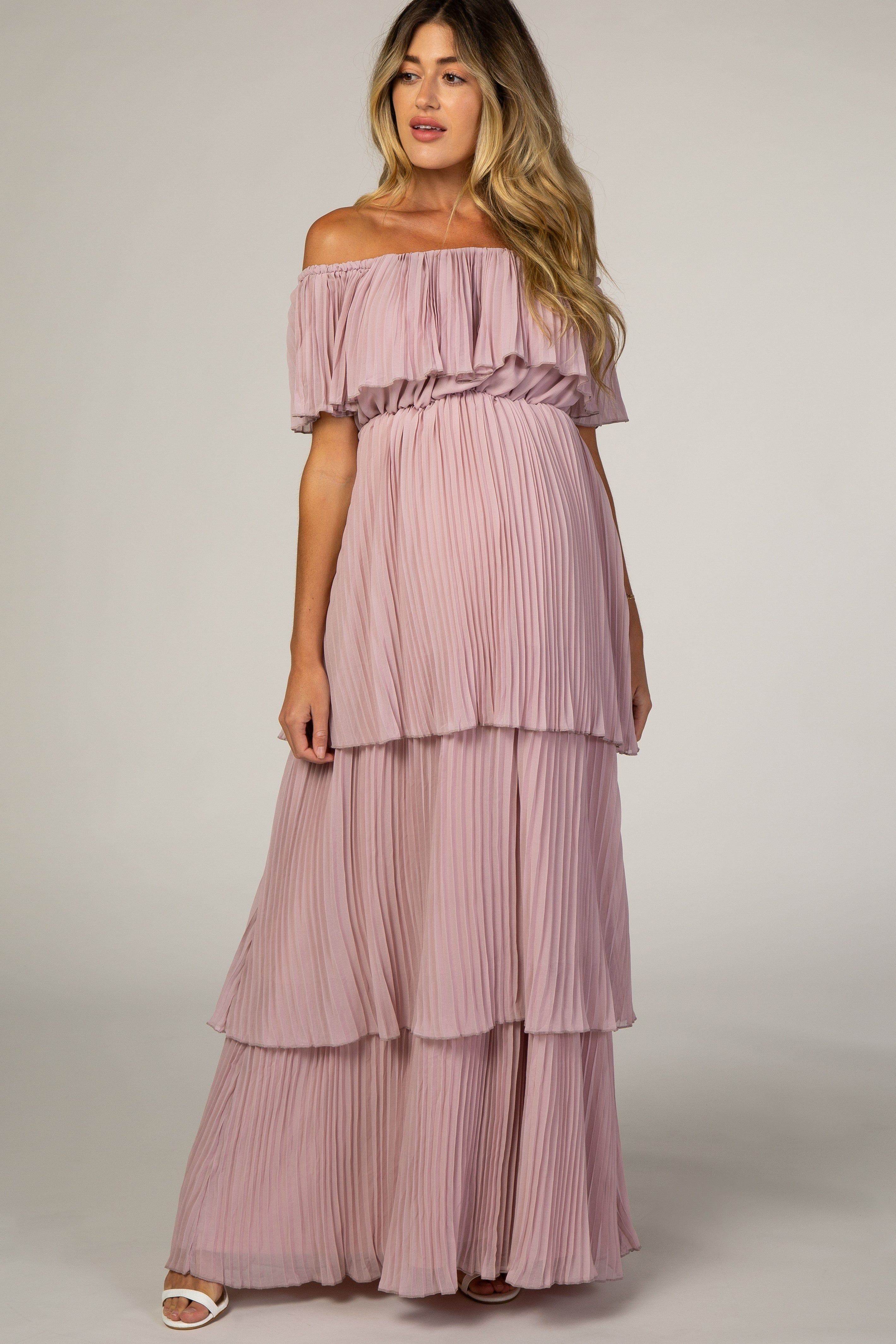 Mauve Pleated Ruffle Tiered Maternity Maxi Dress sold by Pinkblush
