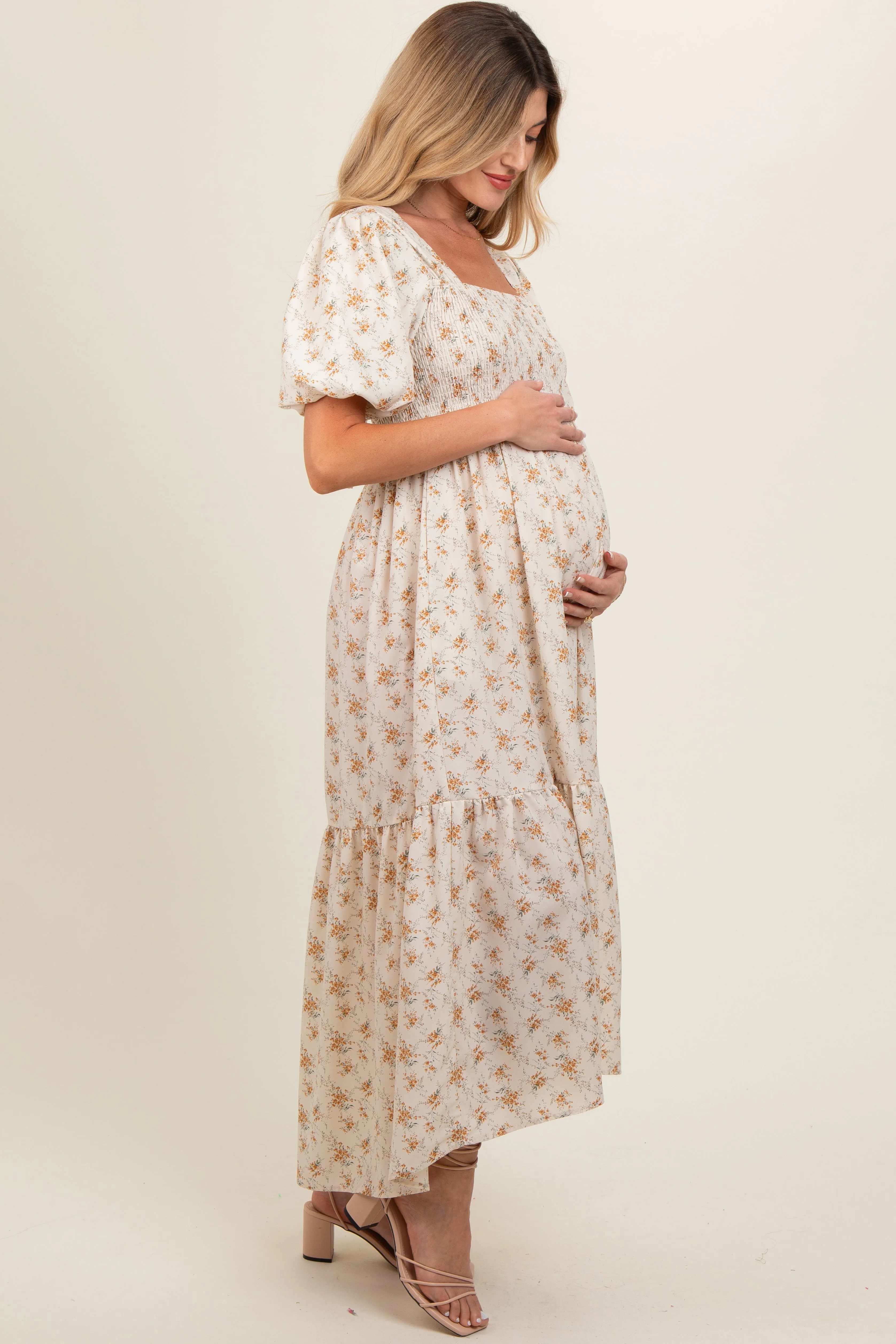 Cream Floral Smocked Square Neck Short Puff Sleeve Maternity Midi Dress sold by Pinkblush product image thumbnail 3