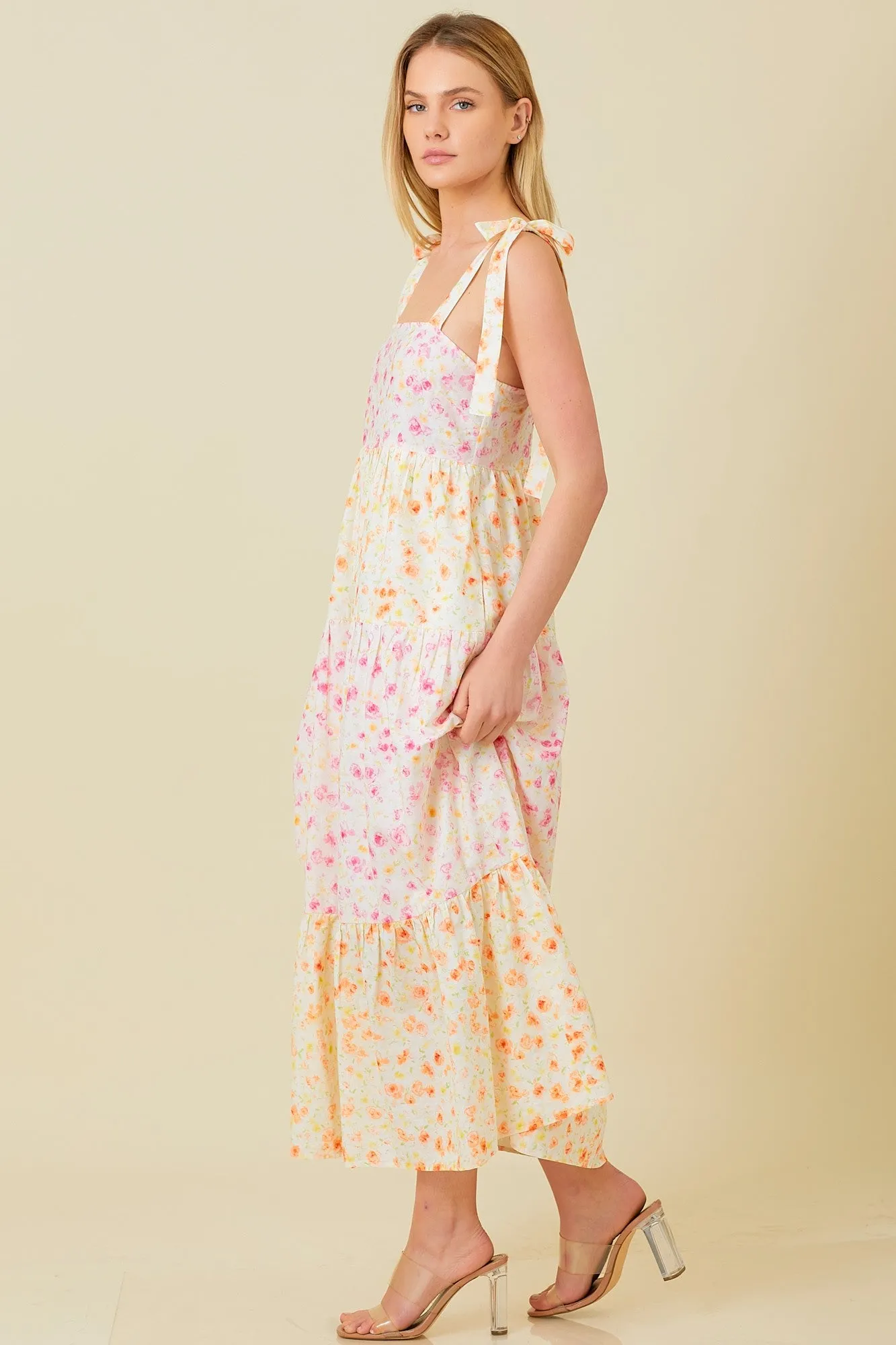 Multi-Color Floral Square Neck Shoulder Tie Tiered Midi Dress sold by Pinkblush product image thumbnail 2