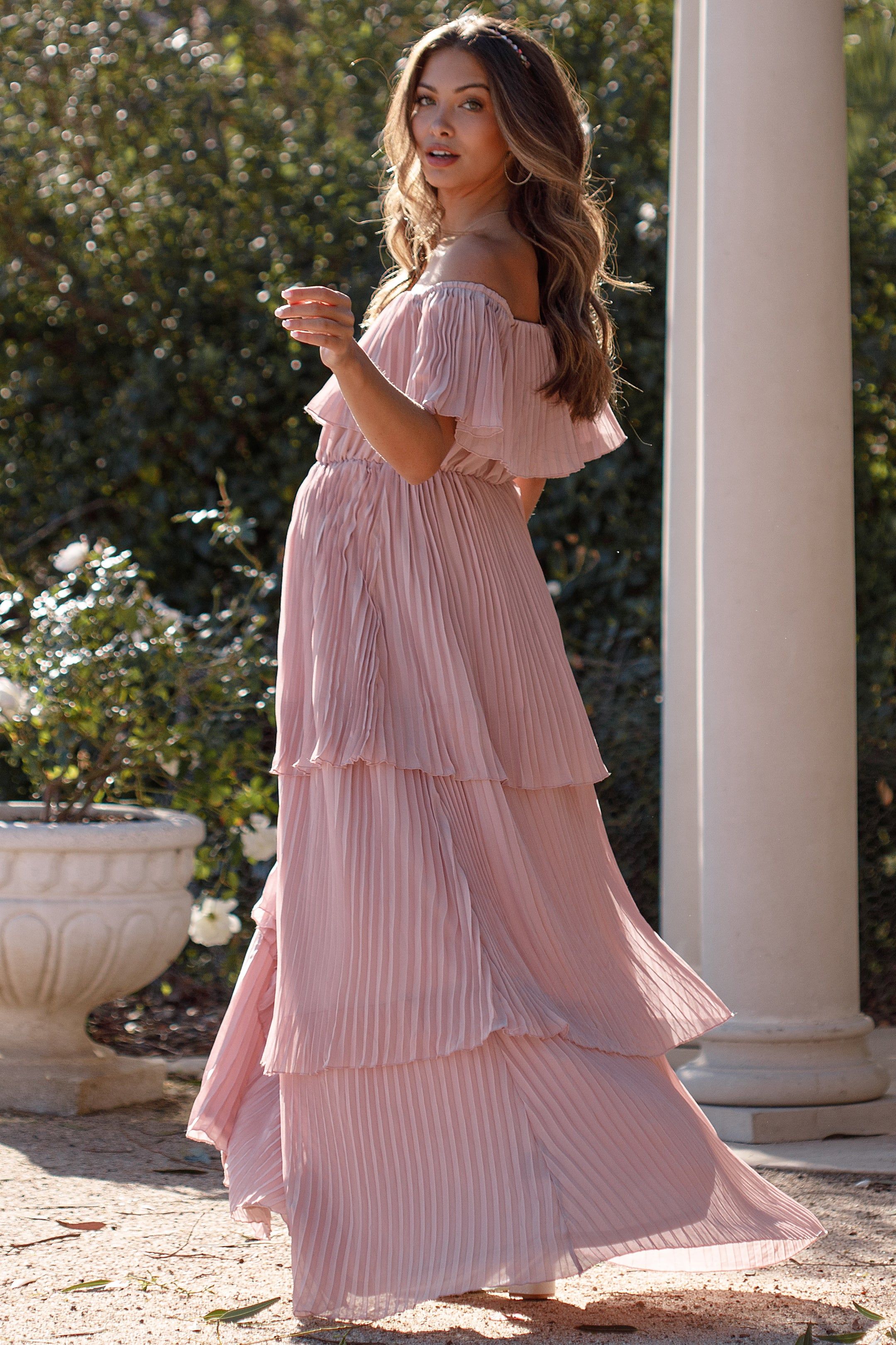 Mauve Pleated Ruffle Tiered Maternity Maxi Dress sold by Pinkblush product image thumbnail 2