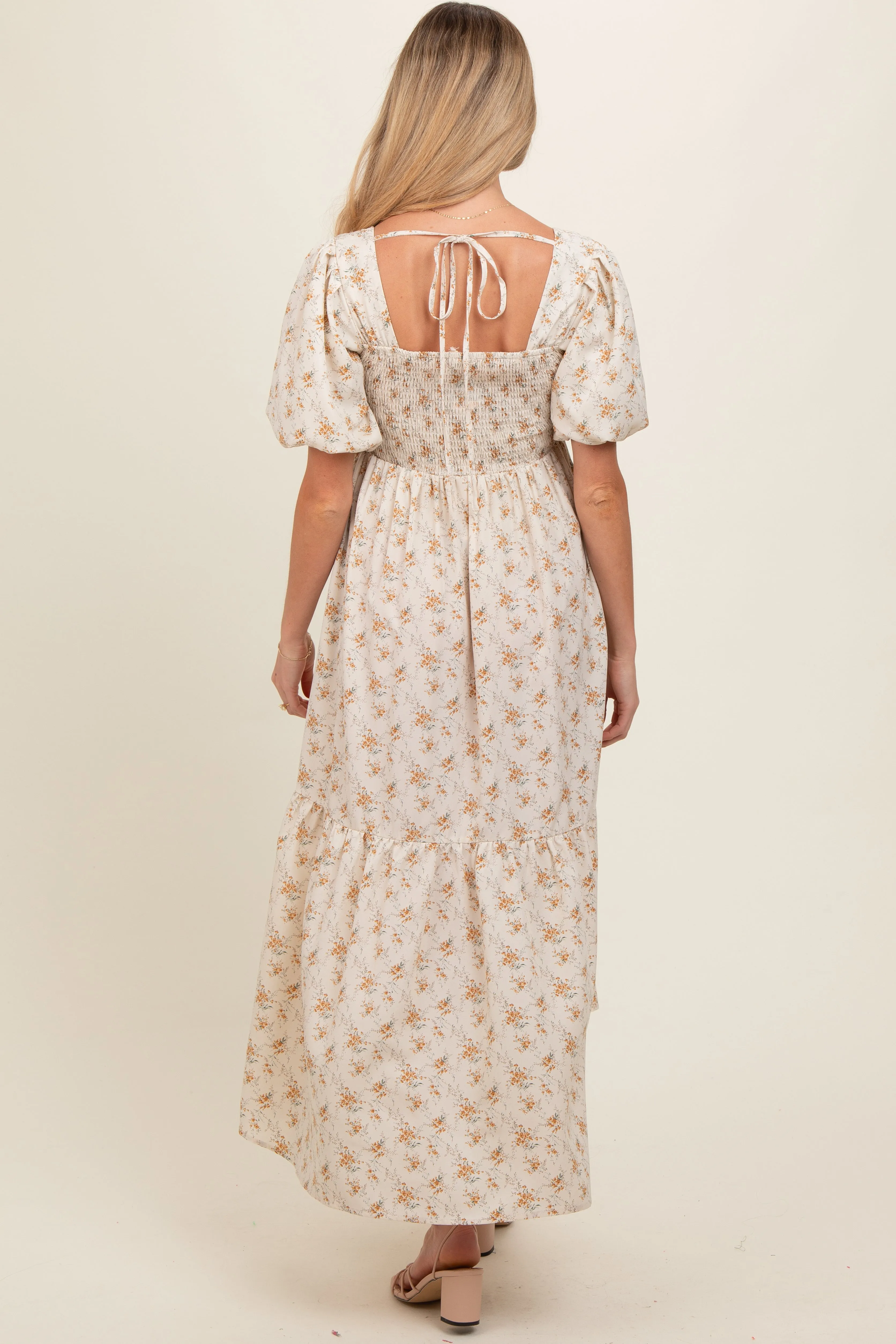 Cream Floral Smocked Square Neck Short Puff Sleeve Maternity Midi Dress sold by Pinkblush product image thumbnail 4