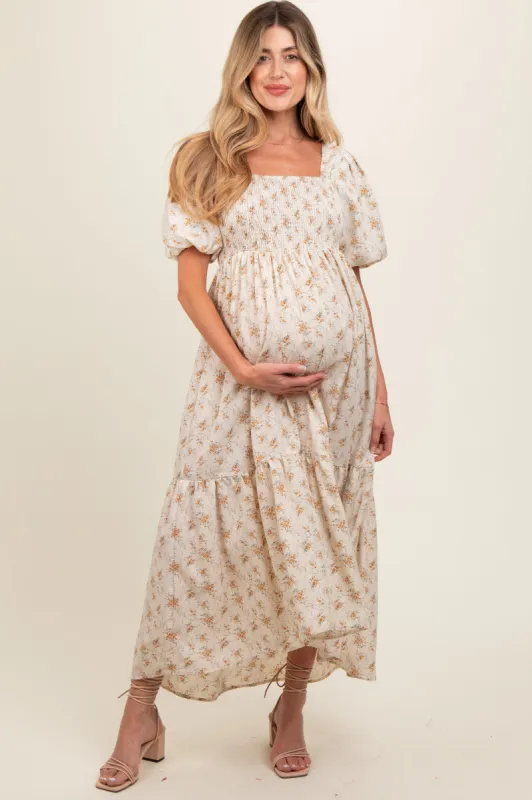Cream Floral Smocked Square Neck Short Puff Sleeve Maternity Midi Dress sold by Pinkblush