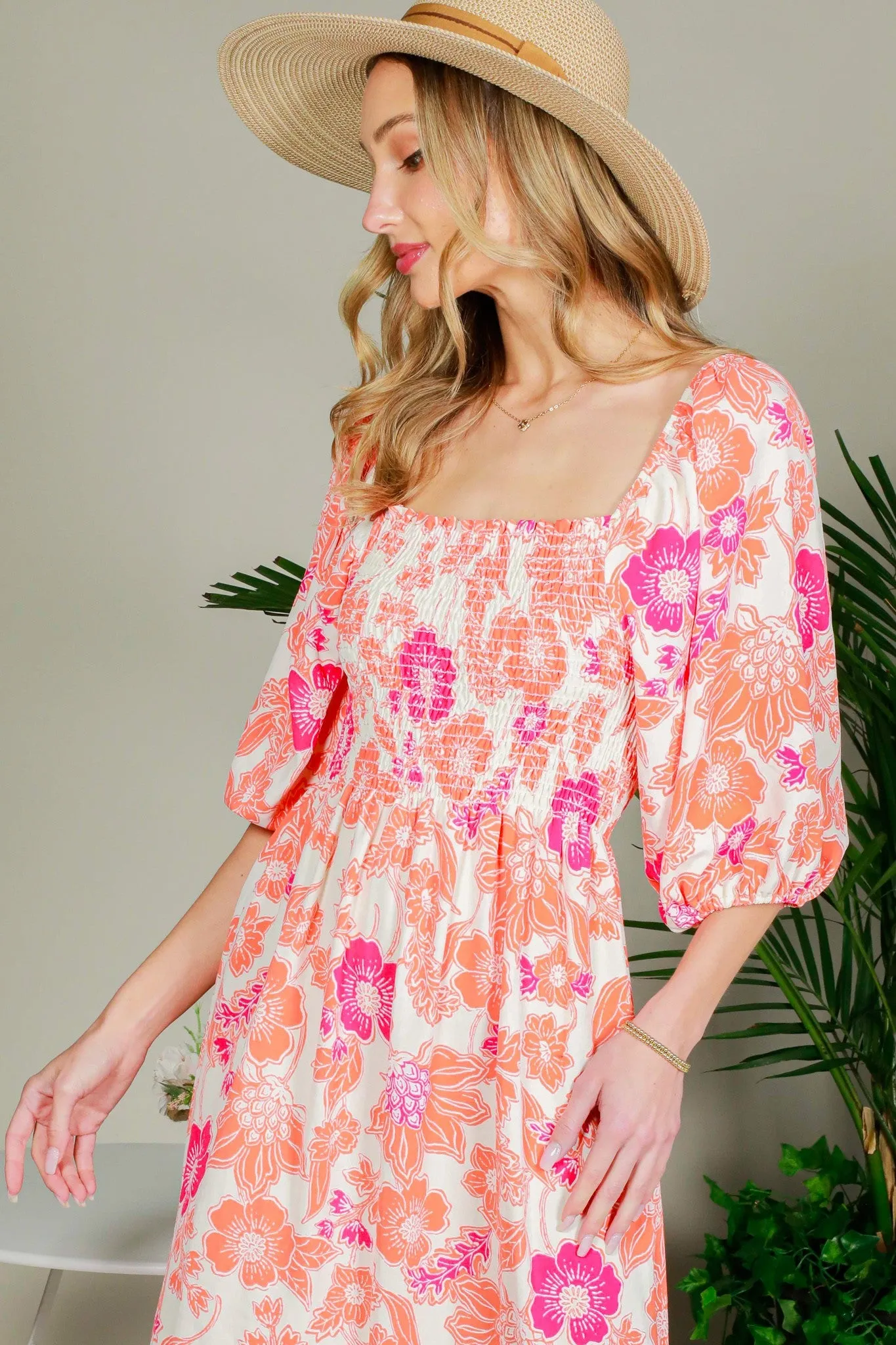 Orange Floral Smocked Square Neck Midi Dress sold by Pinkblush product image thumbnail 2