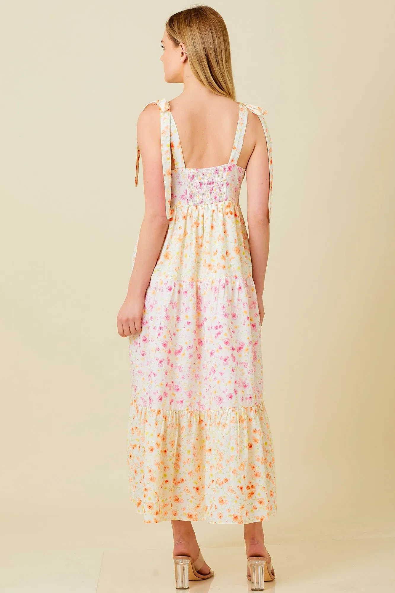 Multi-Color Floral Square Neck Shoulder Tie Tiered Midi Dress sold by Pinkblush product image thumbnail 3