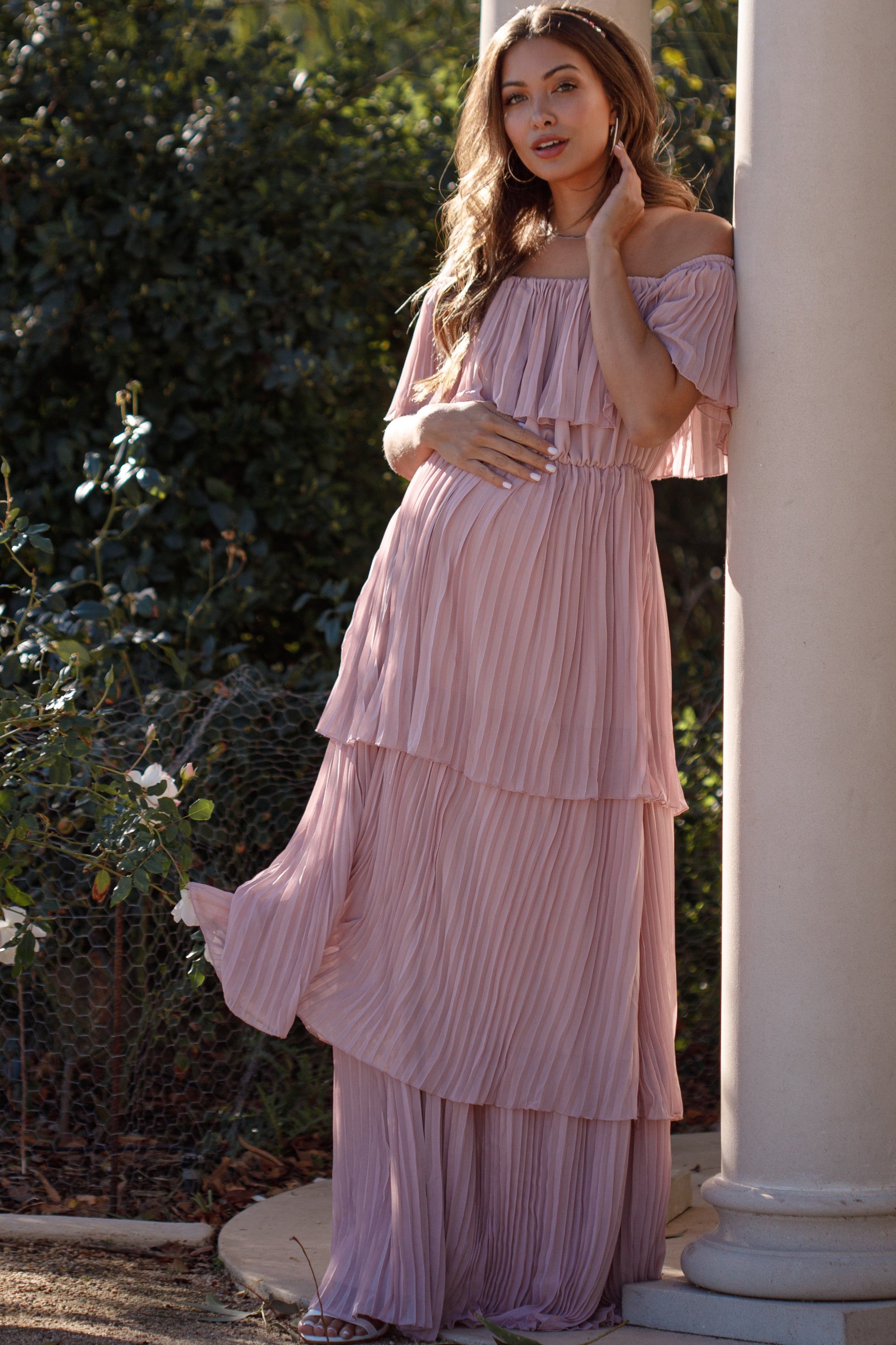 Mauve Pleated Ruffle Tiered Maternity Maxi Dress sold by Pinkblush product image thumbnail 3