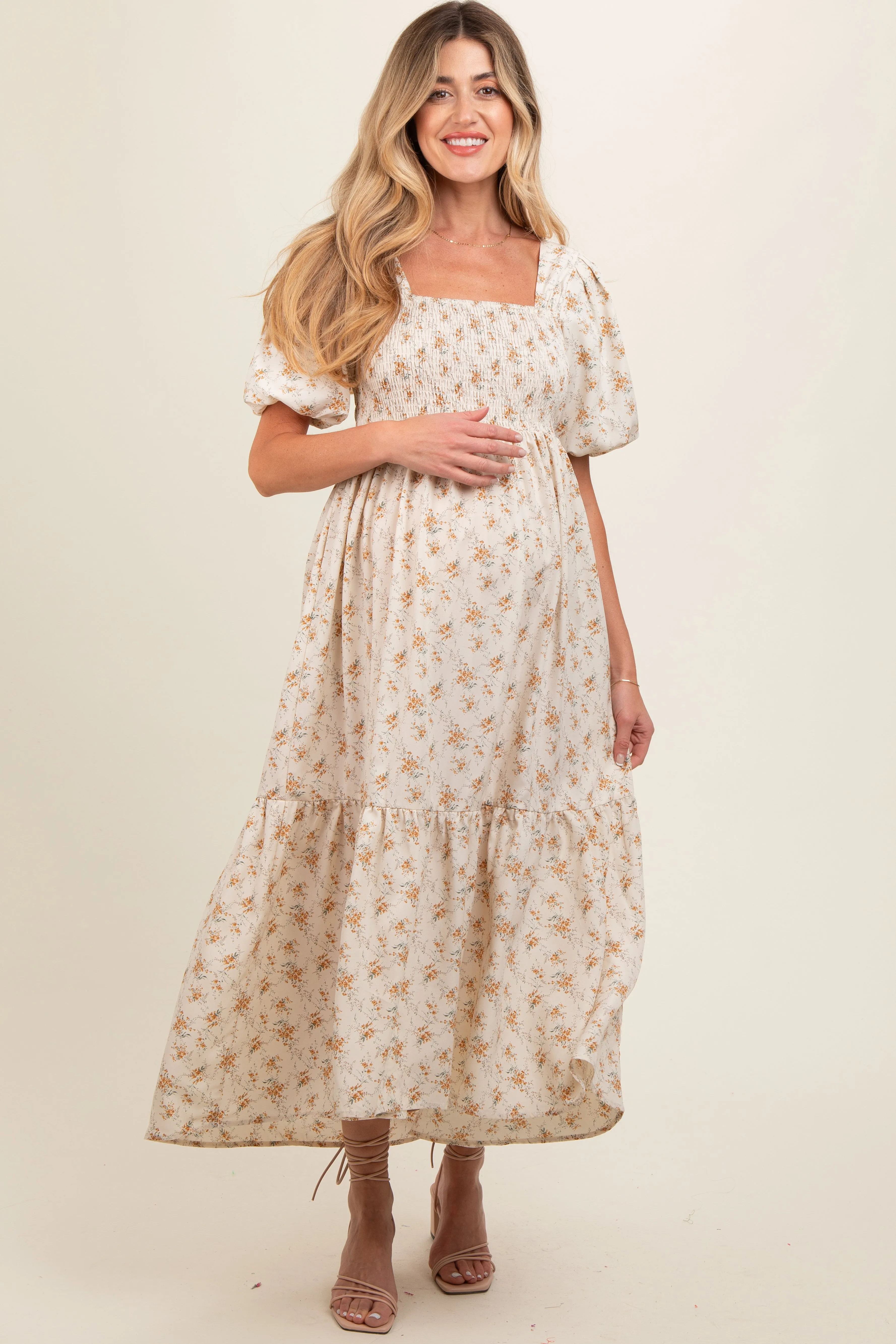 Cream Floral Smocked Square Neck Short Puff Sleeve Maternity Midi Dress sold by Pinkblush product image thumbnail 2