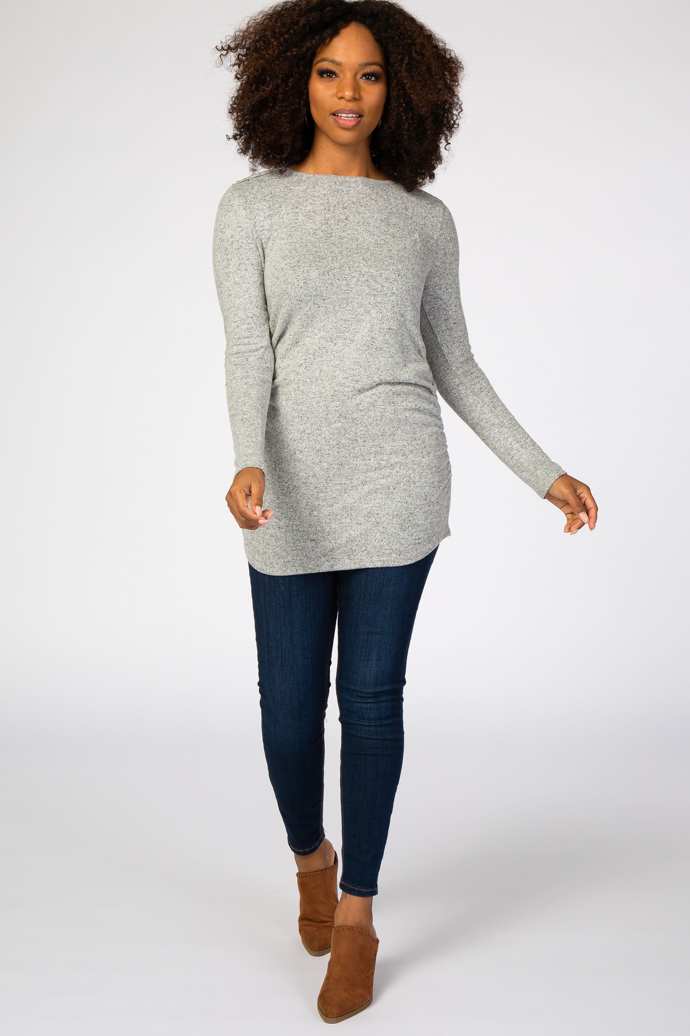 Heather Grey Soft Knit Button Shoulder Ruched Side Maternity Top sold by Pinkblush product image thumbnail 5