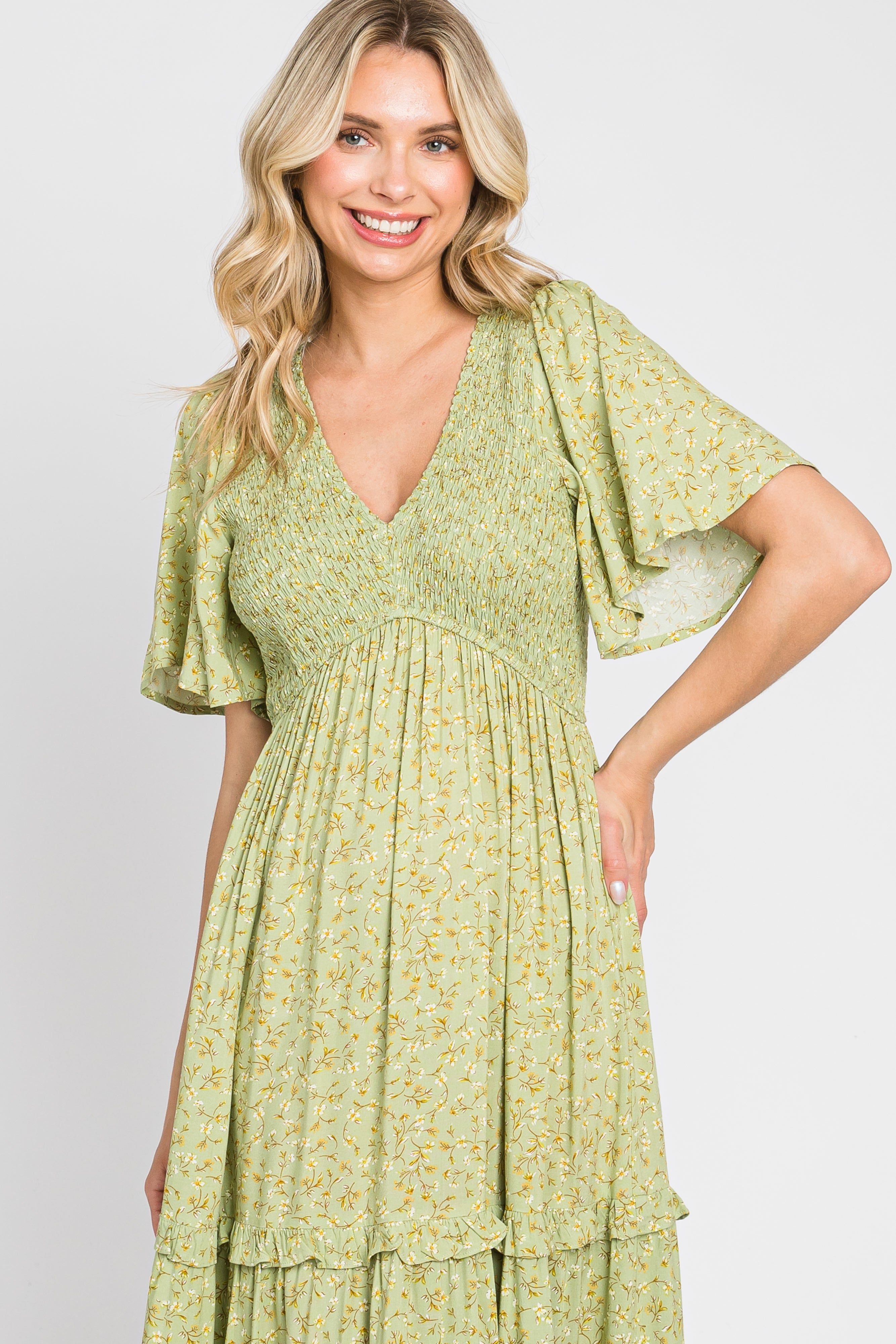 Sage Floral Ruffle Accent Tiered Midi Dress sold by Pinkblush product image thumbnail 5