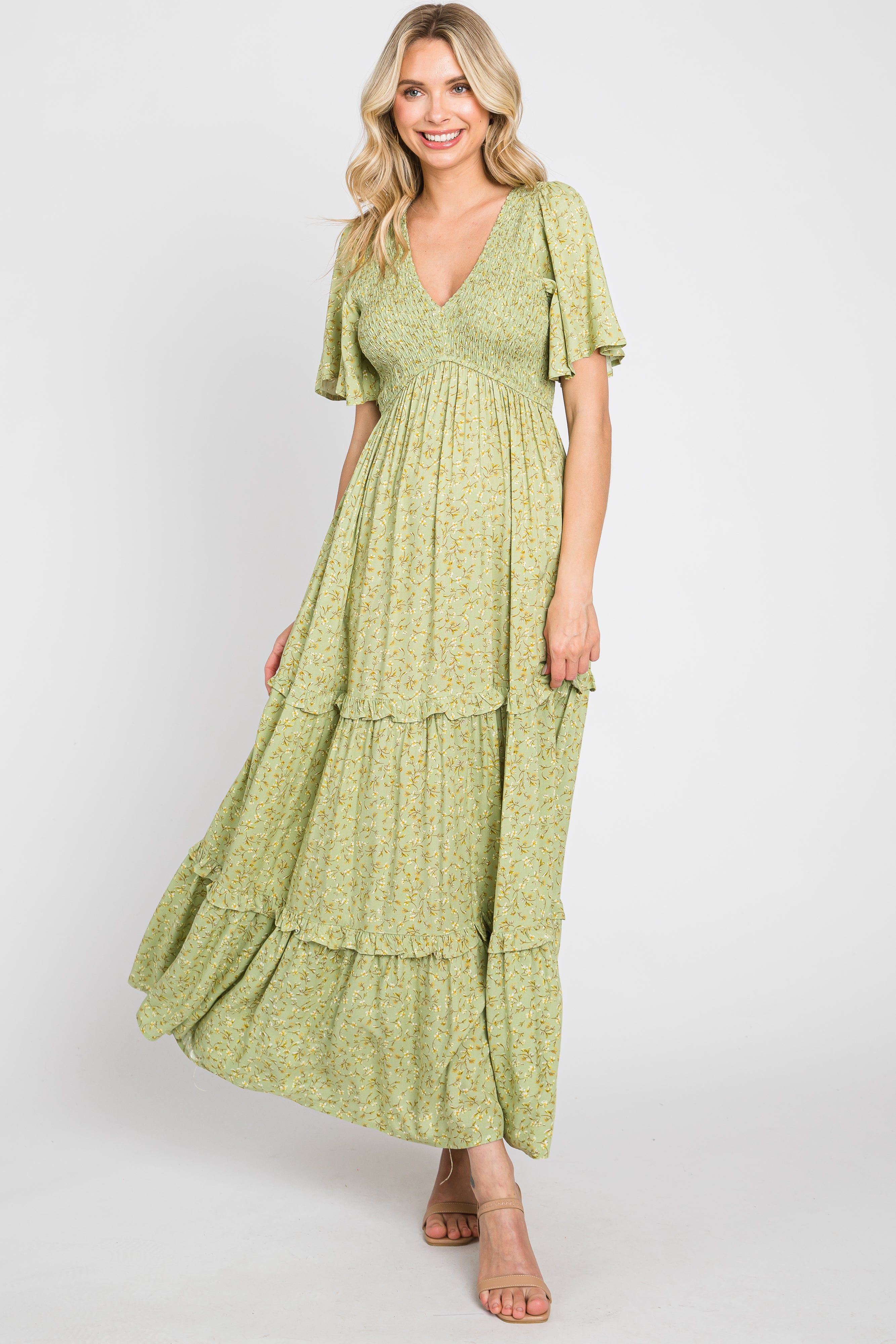 Sage Floral Ruffle Accent Tiered Midi Dress sold by Pinkblush product image thumbnail 2