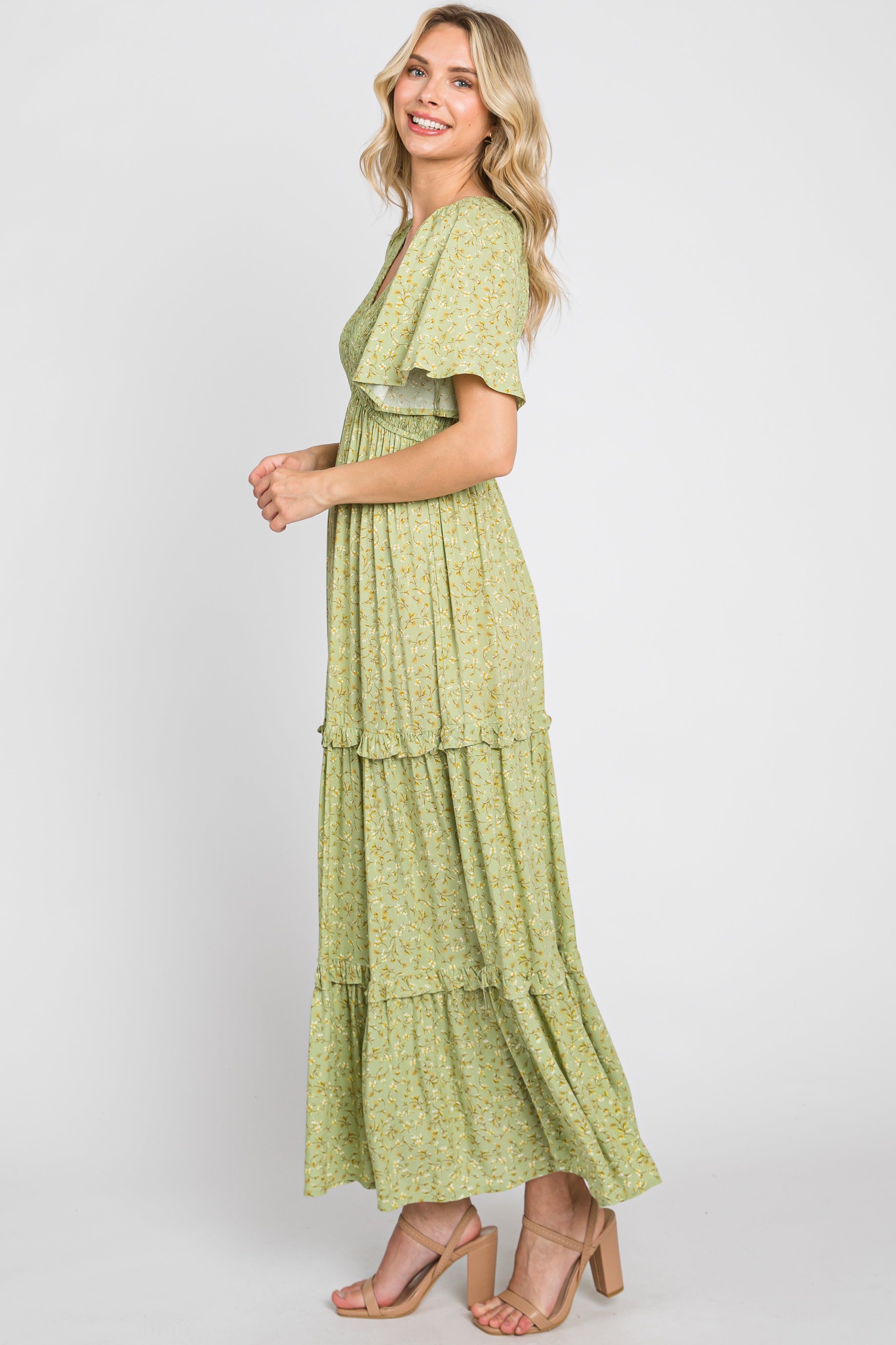 Sage Floral Ruffle Accent Tiered Midi Dress sold by Pinkblush product image thumbnail 3