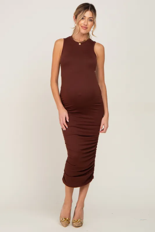 Brown Basic Ruched Maternity Midi Dress sold by Pinkblush