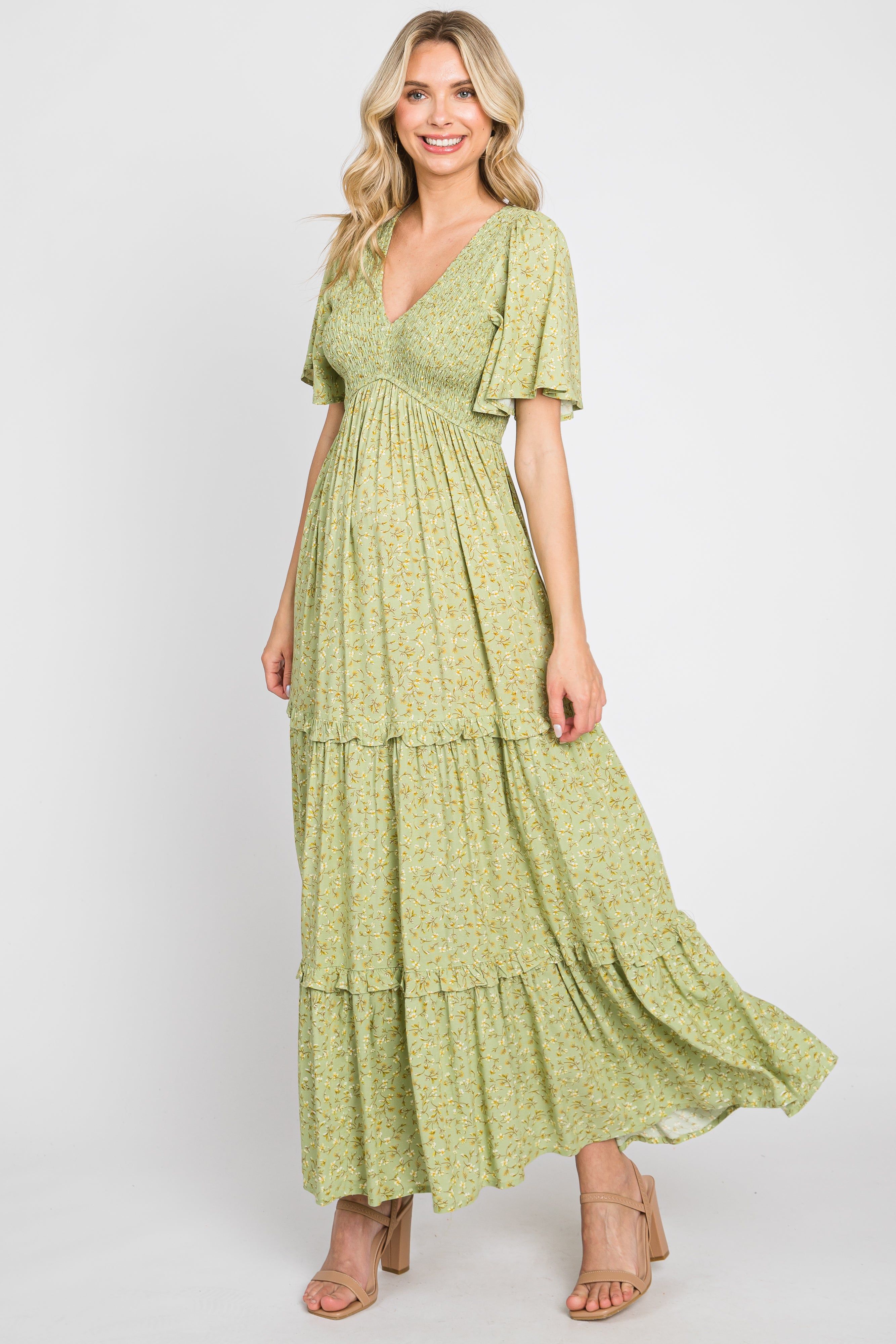 Sage Floral Ruffle Accent Tiered Midi Dress sold by Pinkblush
