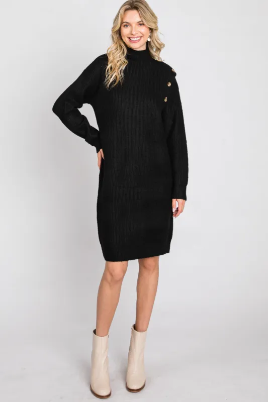 Black Mock Neck Button Shoulder Sweater Dress sold by Pinkblush