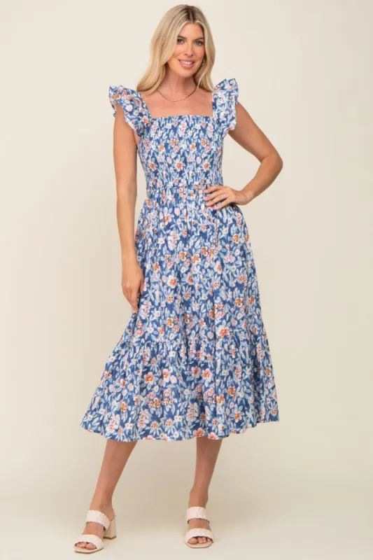 Blue Floral Smocked Frill Sleeve Midi Dress sold by Pinkblush