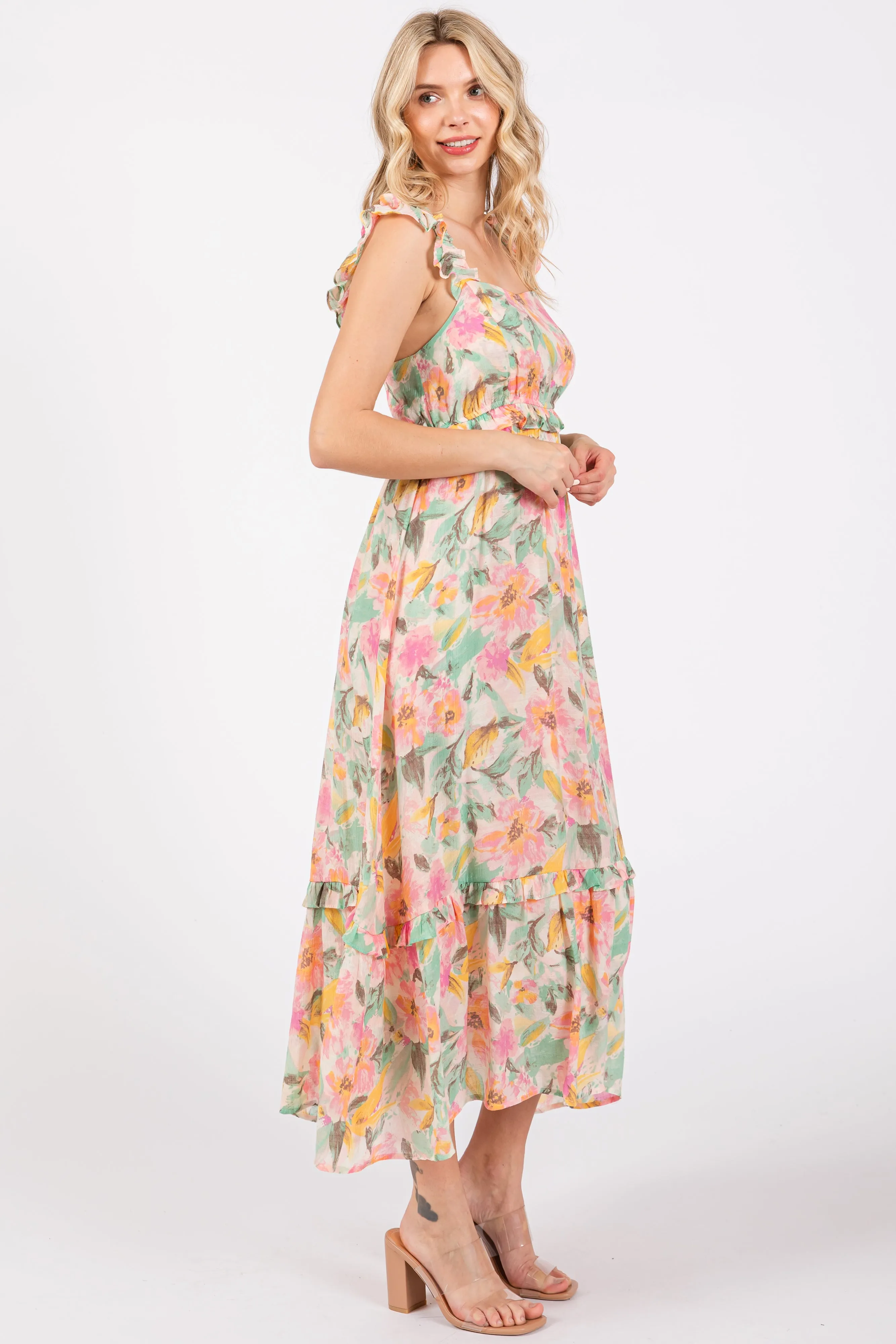 Ivory Watercolor Floral Ruffle Accent Midi Dress sold by Pinkblush product image thumbnail 2