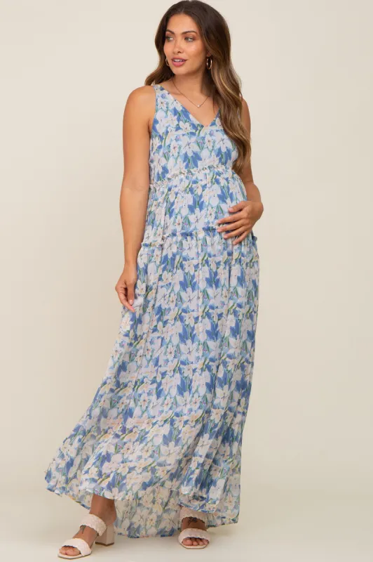 Blue Floral Chiffon Sleeveless Maternity Maxi Dress sold by Pinkblush