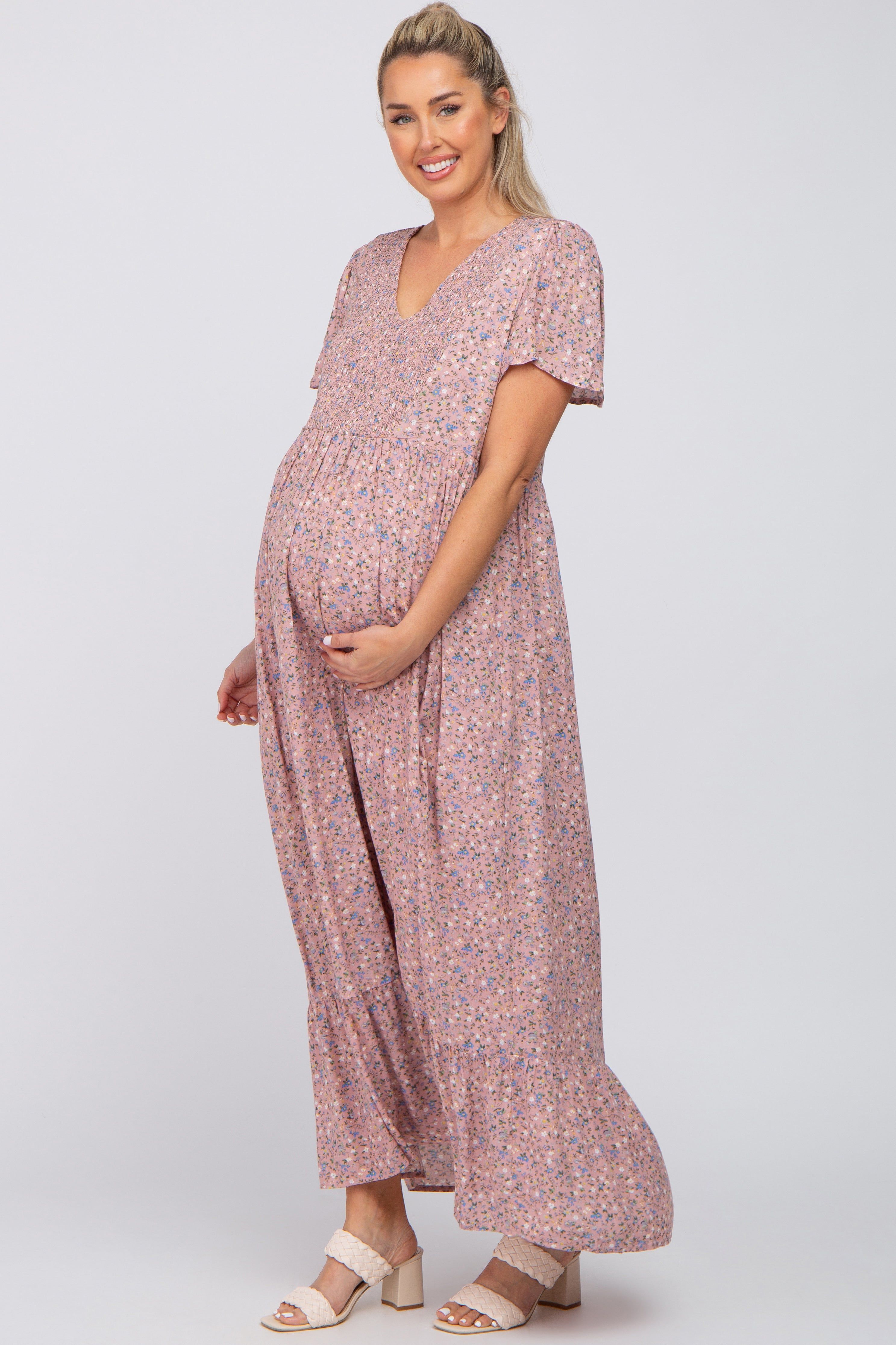 Pink Floral Smocked Front Ruffle Hem Maternity Maxi Dress sold by Pinkblush product image thumbnail 2