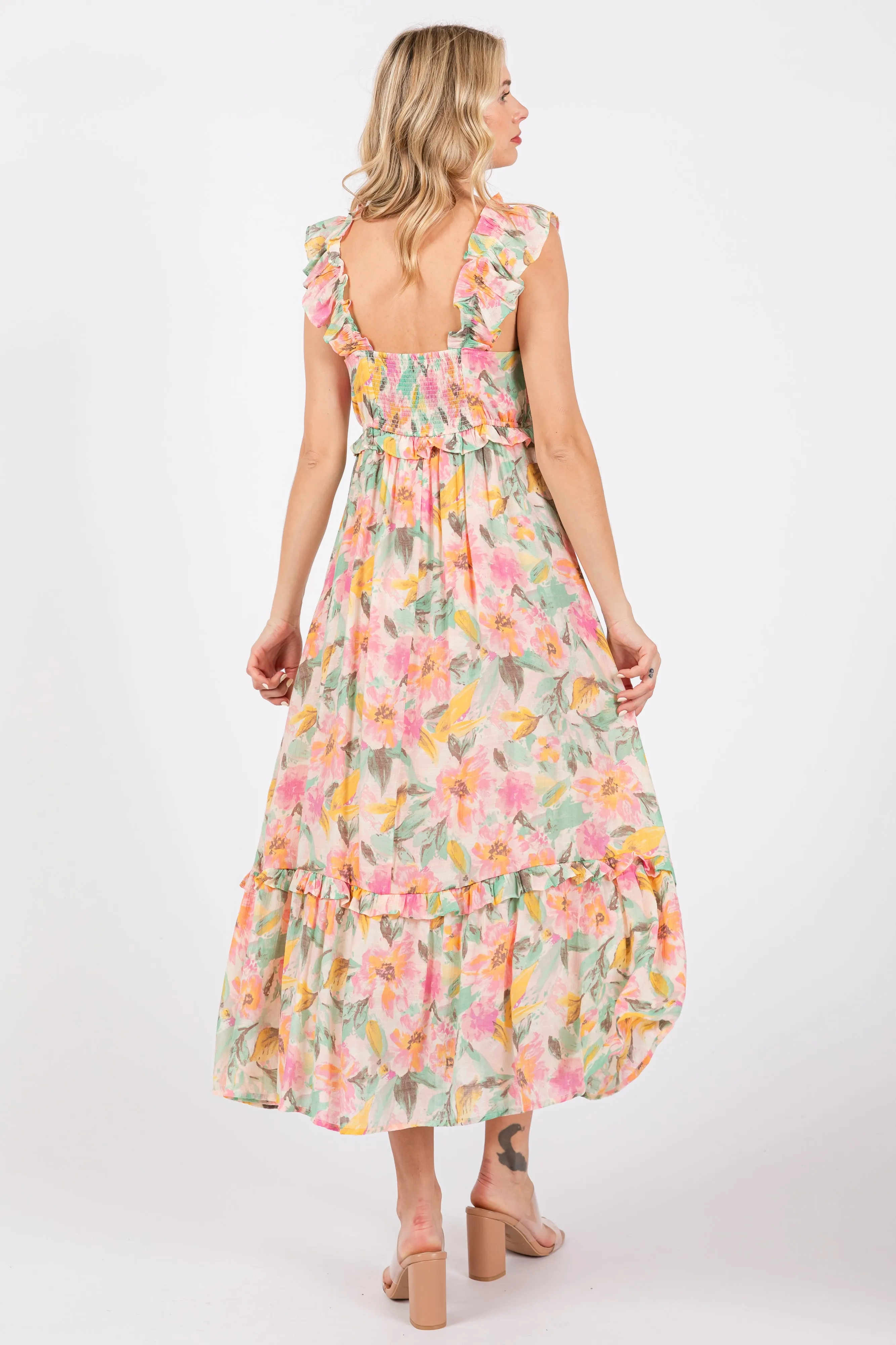 Ivory Watercolor Floral Ruffle Accent Midi Dress sold by Pinkblush product image thumbnail 3