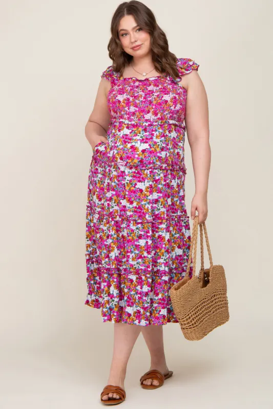 Magenta Floral Smocked Ruffle Tiered Maternity Midi Dress sold by Pinkblush