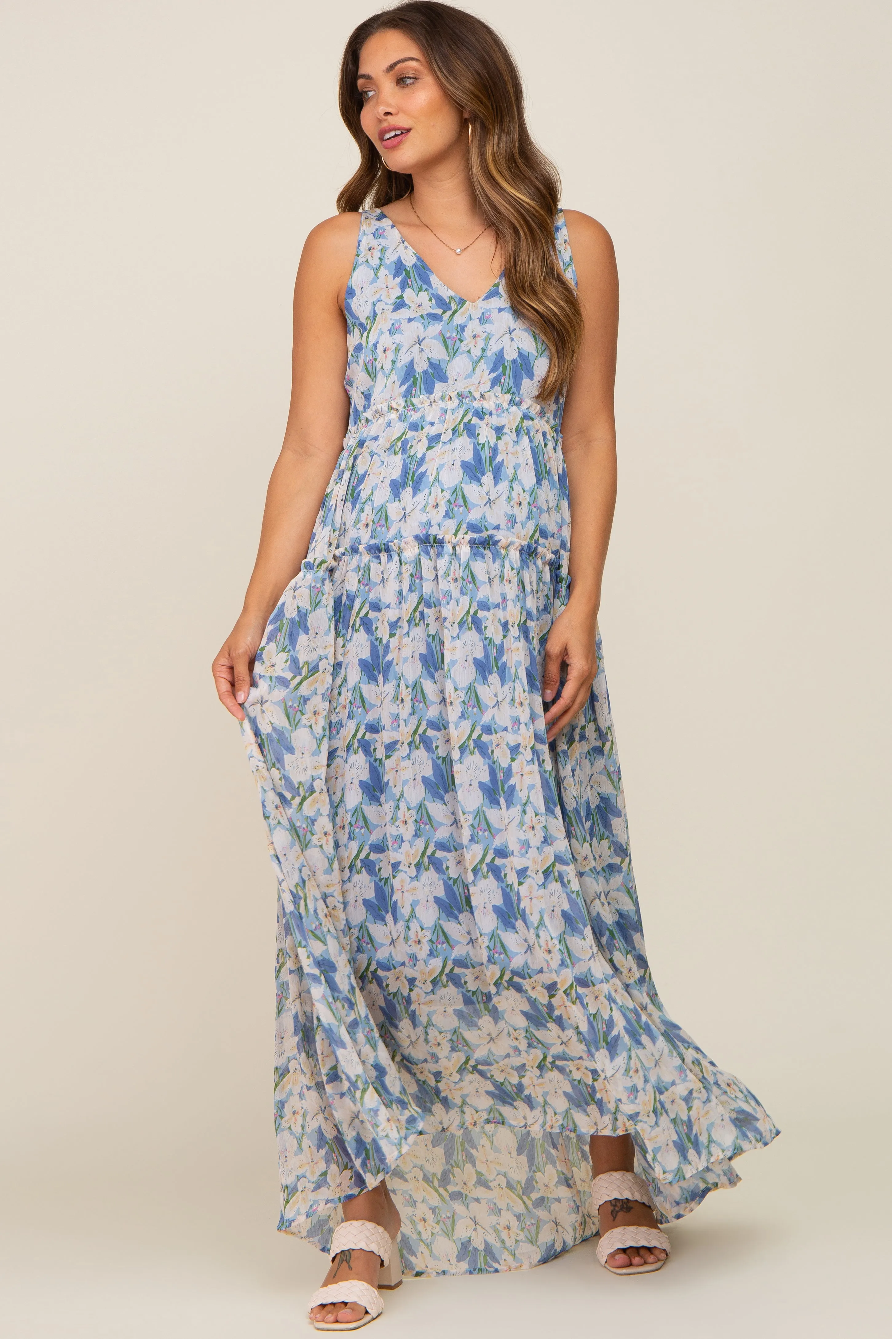 Blue Floral Chiffon Sleeveless Maternity Maxi Dress sold by Pinkblush product image thumbnail 2