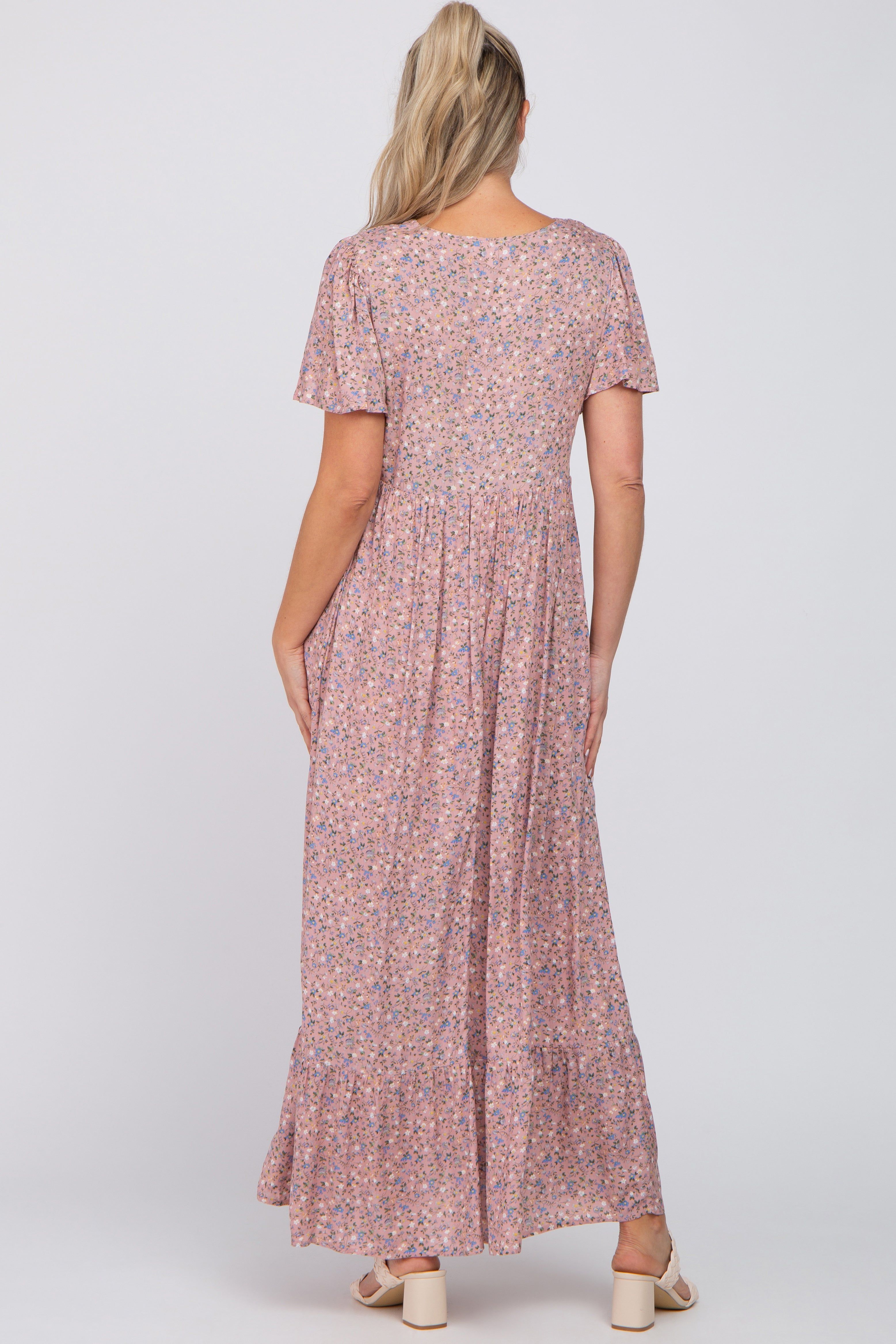 Pink Floral Smocked Front Ruffle Hem Maternity Maxi Dress sold by Pinkblush product image thumbnail 3