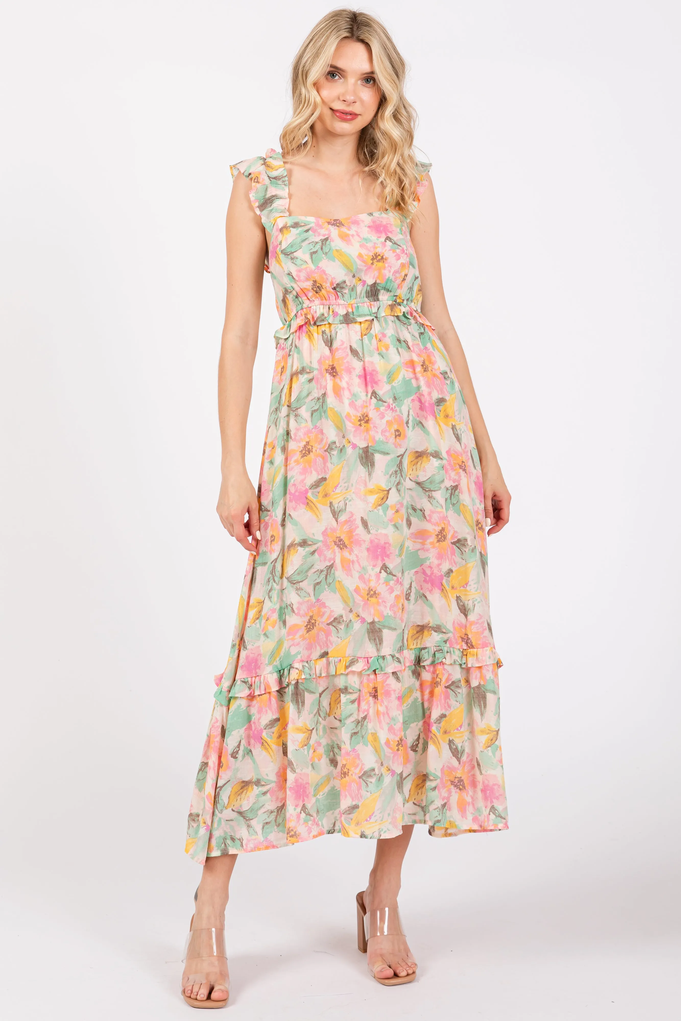 Ivory Watercolor Floral Ruffle Accent Midi Dress sold by Pinkblush
