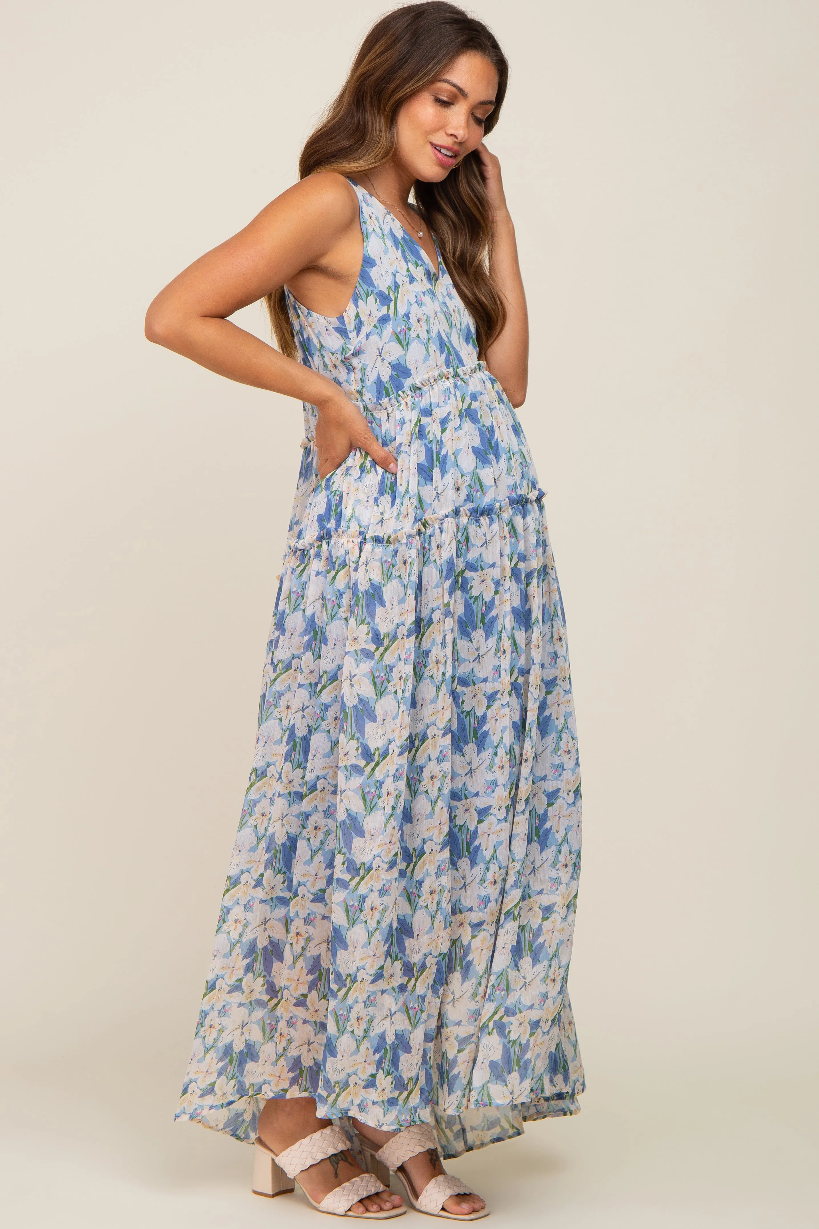 Blue Floral Chiffon Sleeveless Maternity Maxi Dress sold by Pinkblush product image thumbnail 3