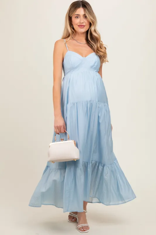 Light Blue Sleeveless Tiered Maternity Maxi Dress sold by Pinkblush
