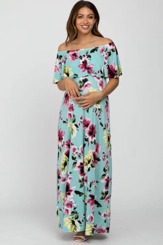 Mint Green Floral Off Shoulder Maternity Maxi Dress sold by Pinkblush