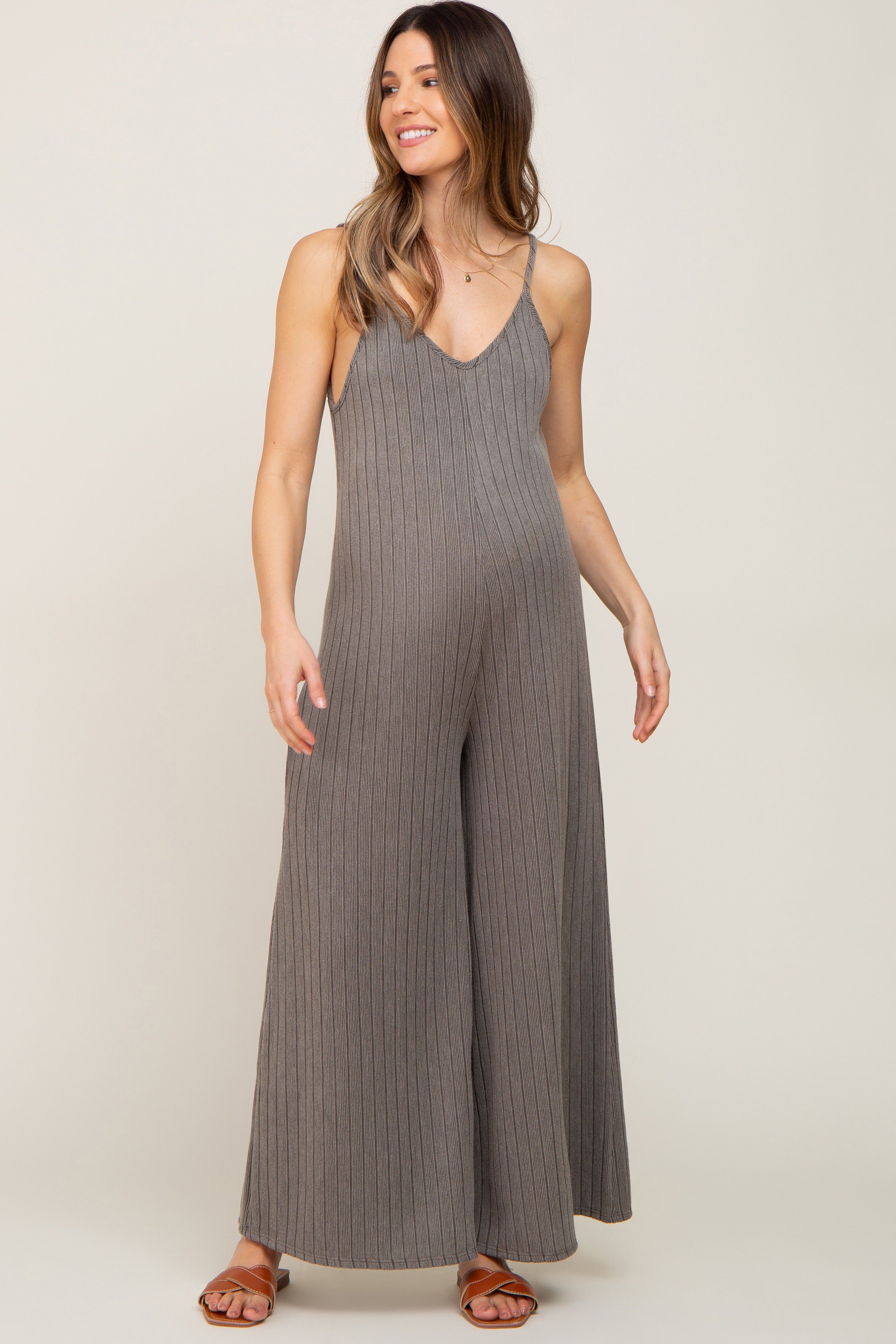 Olive Rib Knit Wide Leg Maternity Jumpsuit sold by Pinkblush product image thumbnail 4