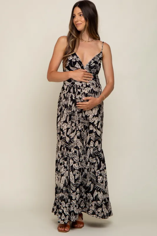 Black Palm Print Front Twist Maternity Maxi Dress sold by Pinkblush