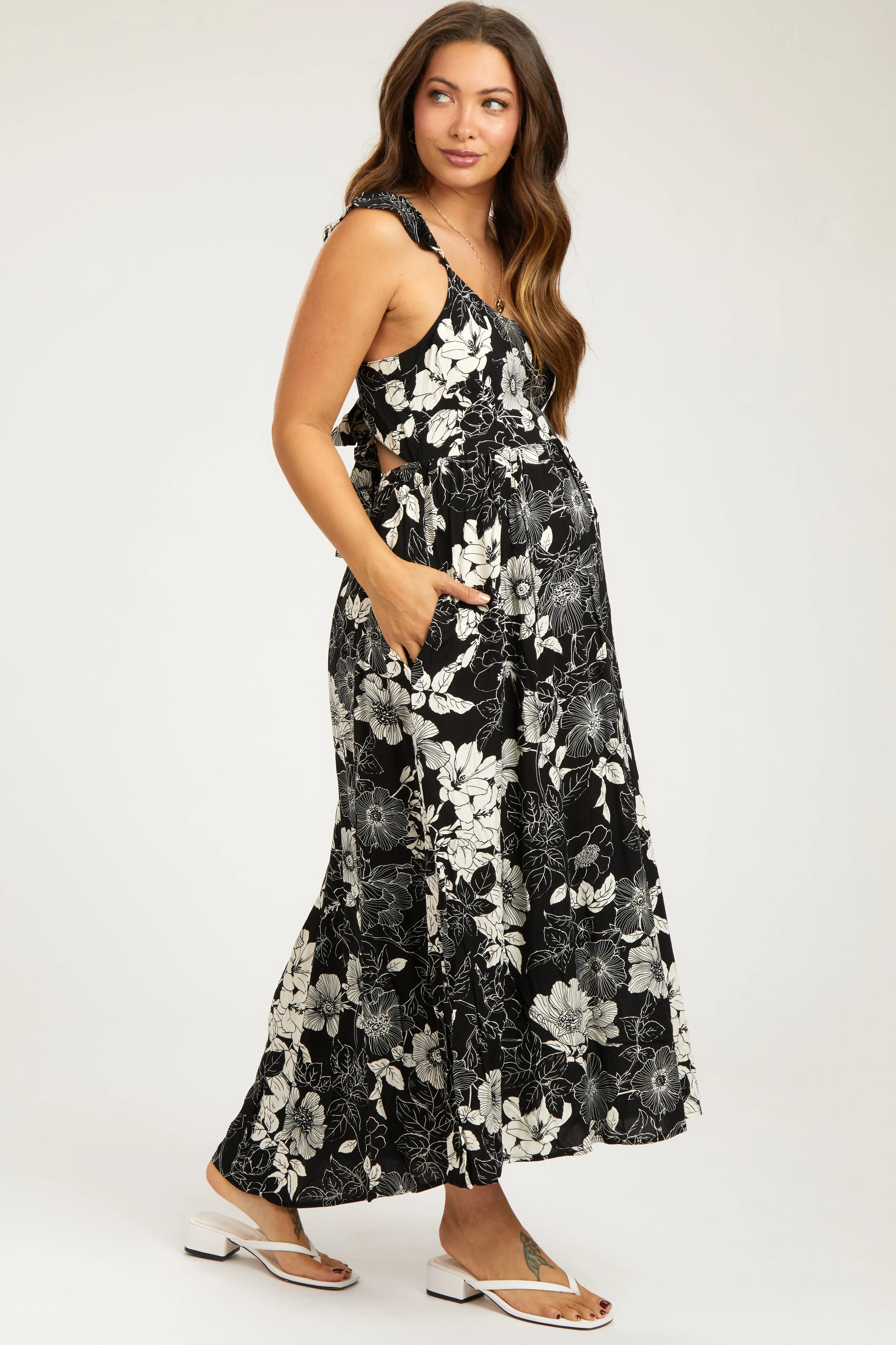 Black Floral Back Tie Maternity Maxi Dress sold by Pinkblush product image thumbnail 2