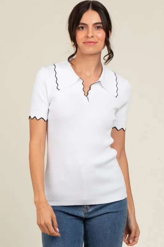 Ivory Ribbed Scallop Trim Split V-Neck Short Sleeve Top sold by Pinkblush