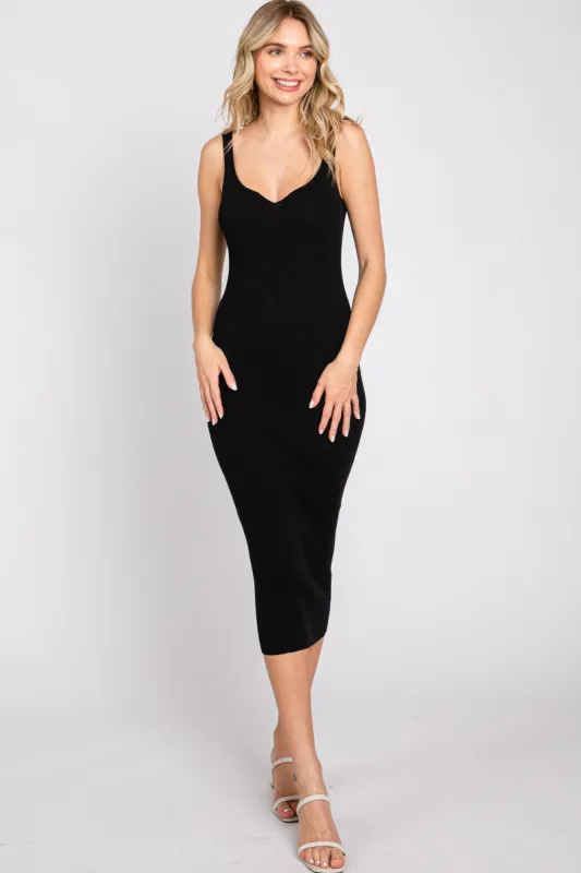 Black Ribbed Sweetheart Neck Midi Dress sold by Pinkblush