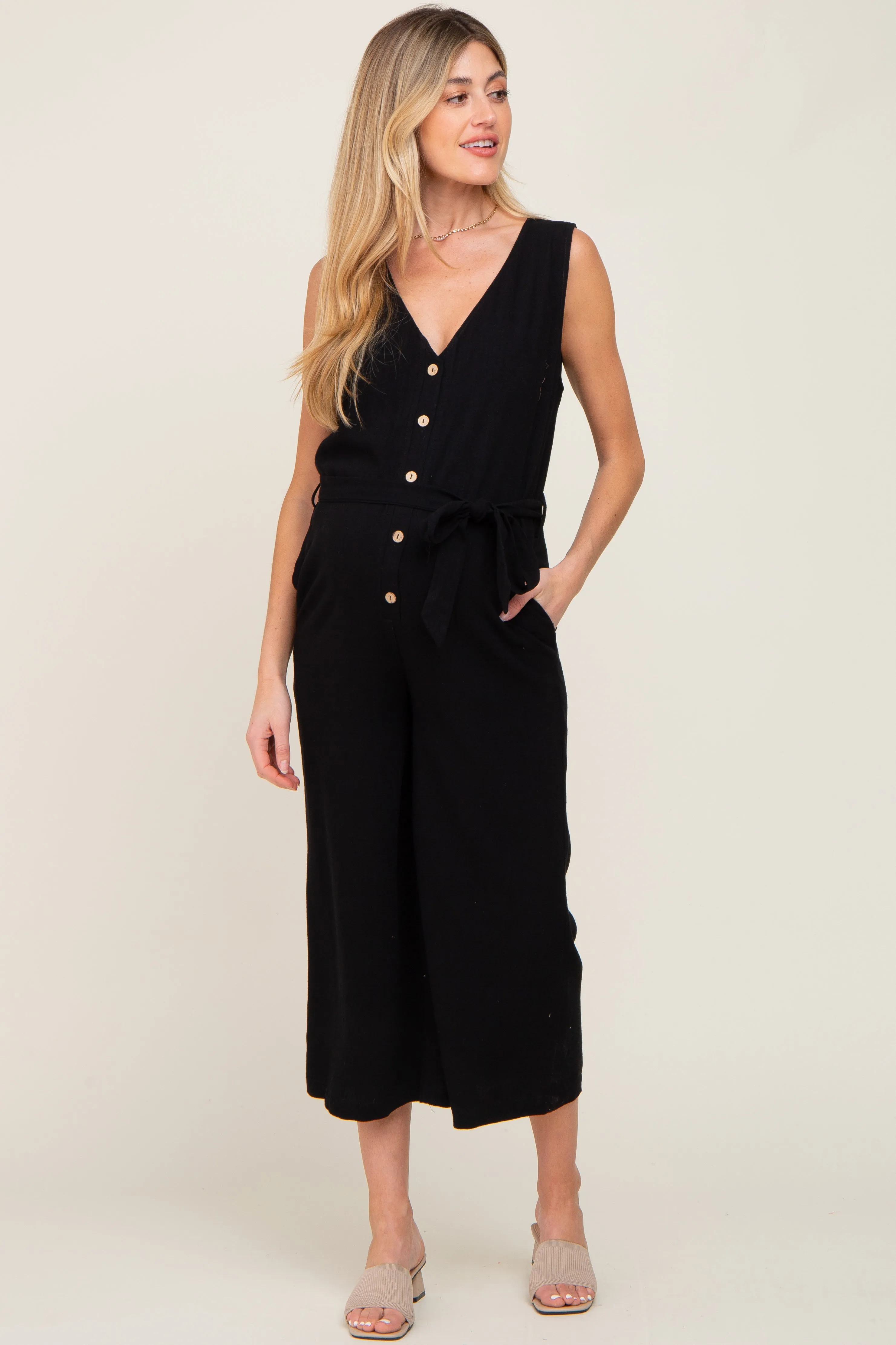 Black Sleeveless Button Front Maternity Cropped Jumpsuit sold by Pinkblush product image thumbnail 4