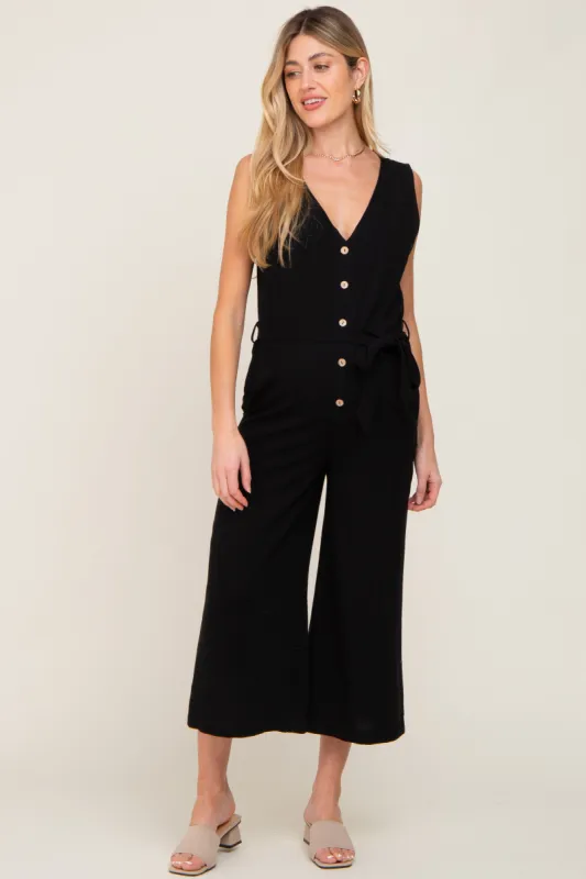 Black Sleeveless Button Front Maternity Cropped Jumpsuit sold by Pinkblush