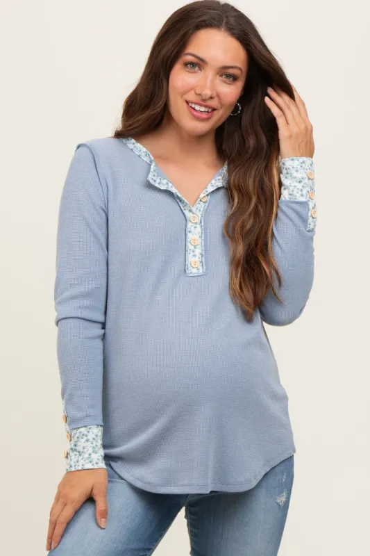 Light Blue Floral Accent Maternity Henley Top sold by Pinkblush
